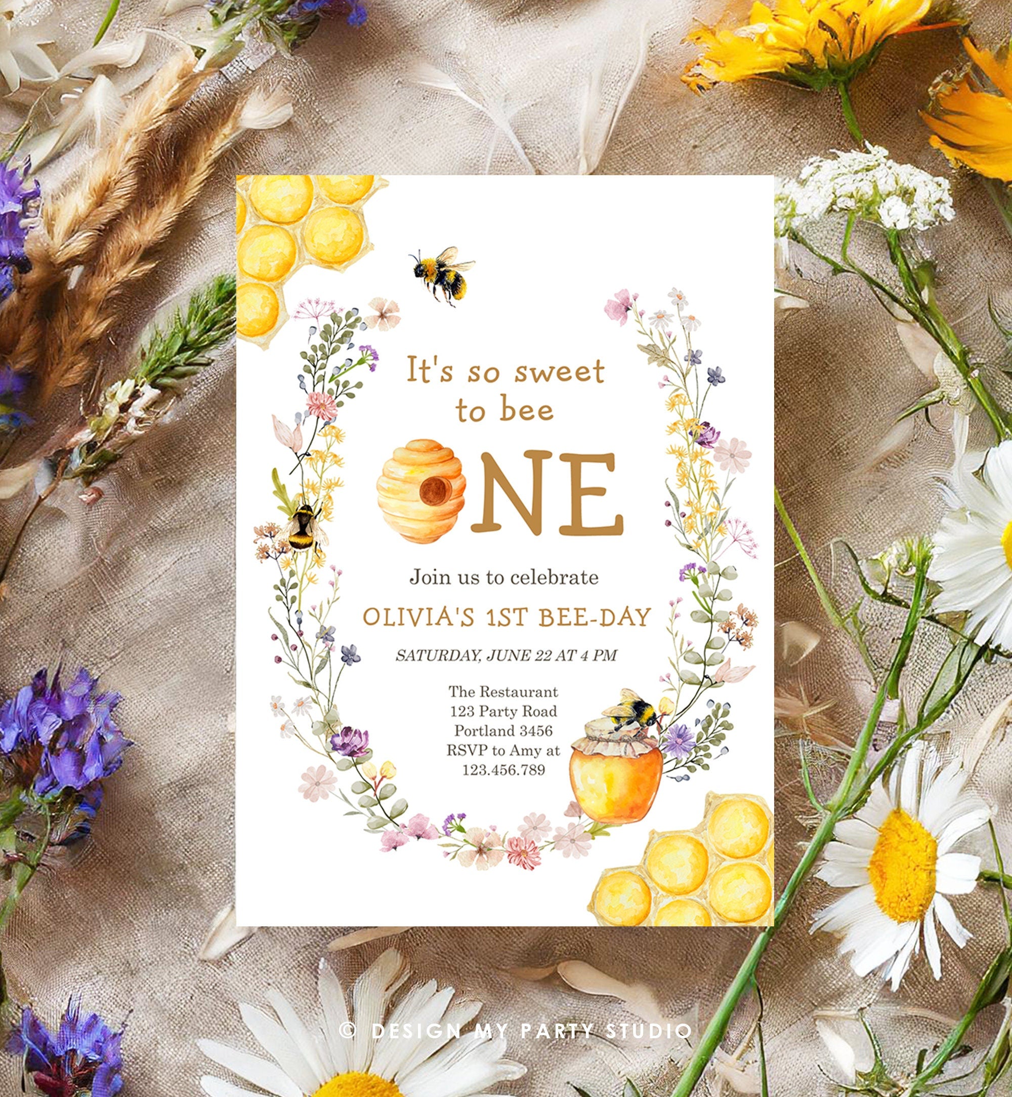 Editable Sweet to Bee One Invitation First Bee-Day Party 1st Bee Day Honey Girl First Birthday Bumble Bee Invitation Digital Corjl 0502