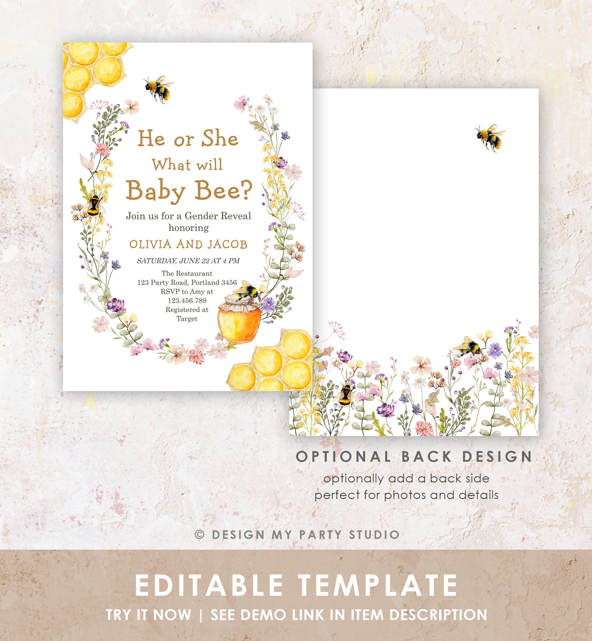 Editable Bee Gender Reveal Invitation What Will Baby Bee Invitation Gender Neutral Honey Instant Download Template Digital Corjl 0502