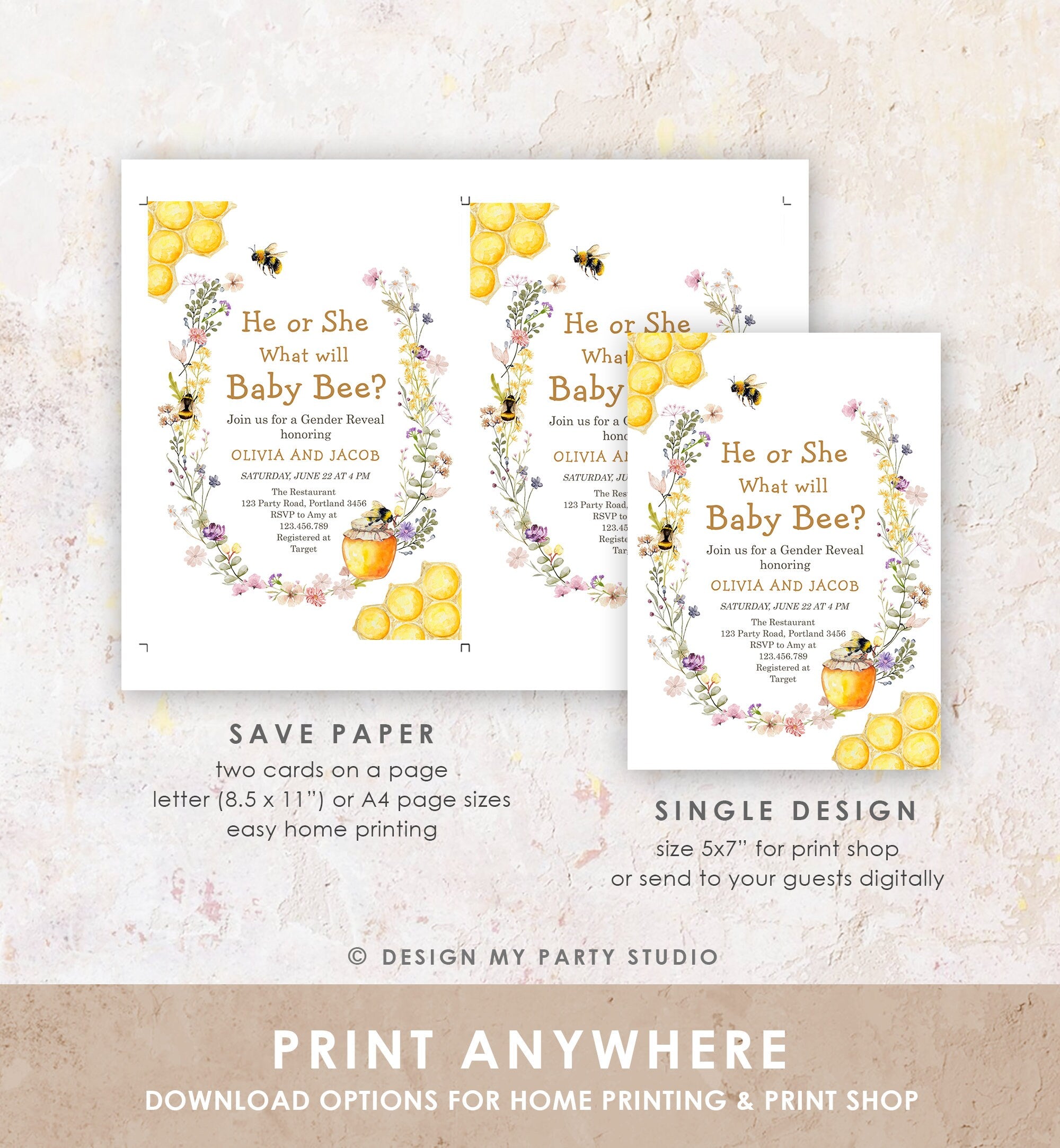 Editable Bee Gender Reveal Invitation What Will Baby Bee Invitation Gender Neutral Honey Instant Download Template Digital Corjl 0502