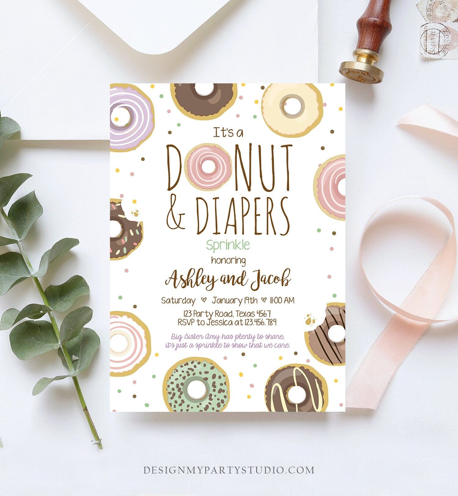 Editable Donut and Diapers Sprinkle Invitation Sprinkled With Love Coed Shower Pastel Pink Girl Boy Neutral Printable Corjl Template 0050