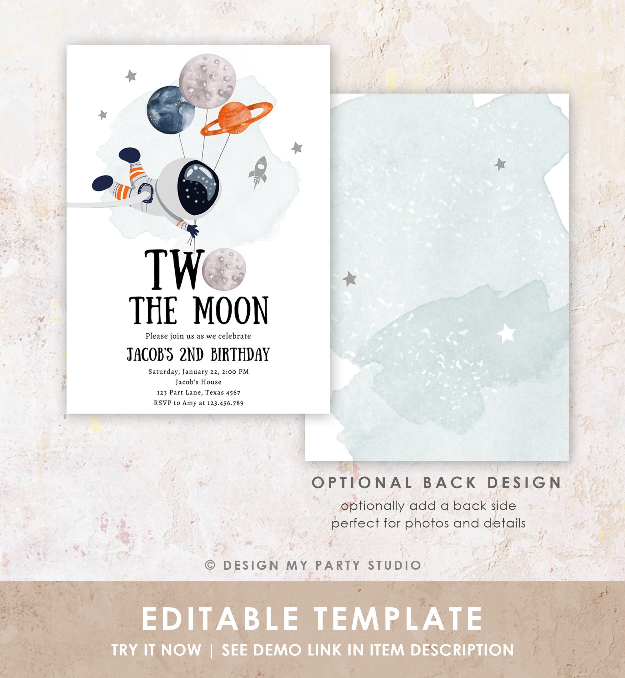 Editable Two the Moon Birthday Invitation Outer Space Boy Second 2nd Out of this World Astronaut Blue Orange Digital Template Printable 0366