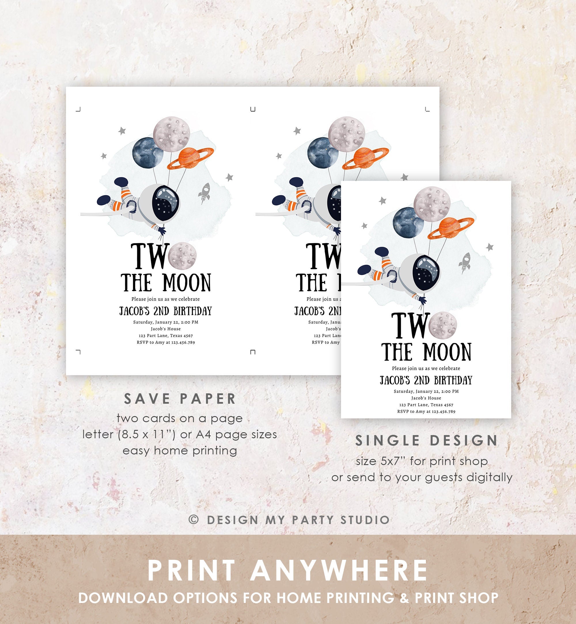 Editable Two the Moon Birthday Invitation Outer Space Boy Second 2nd Out of this World Astronaut Blue Orange Digital Template Printable 0366