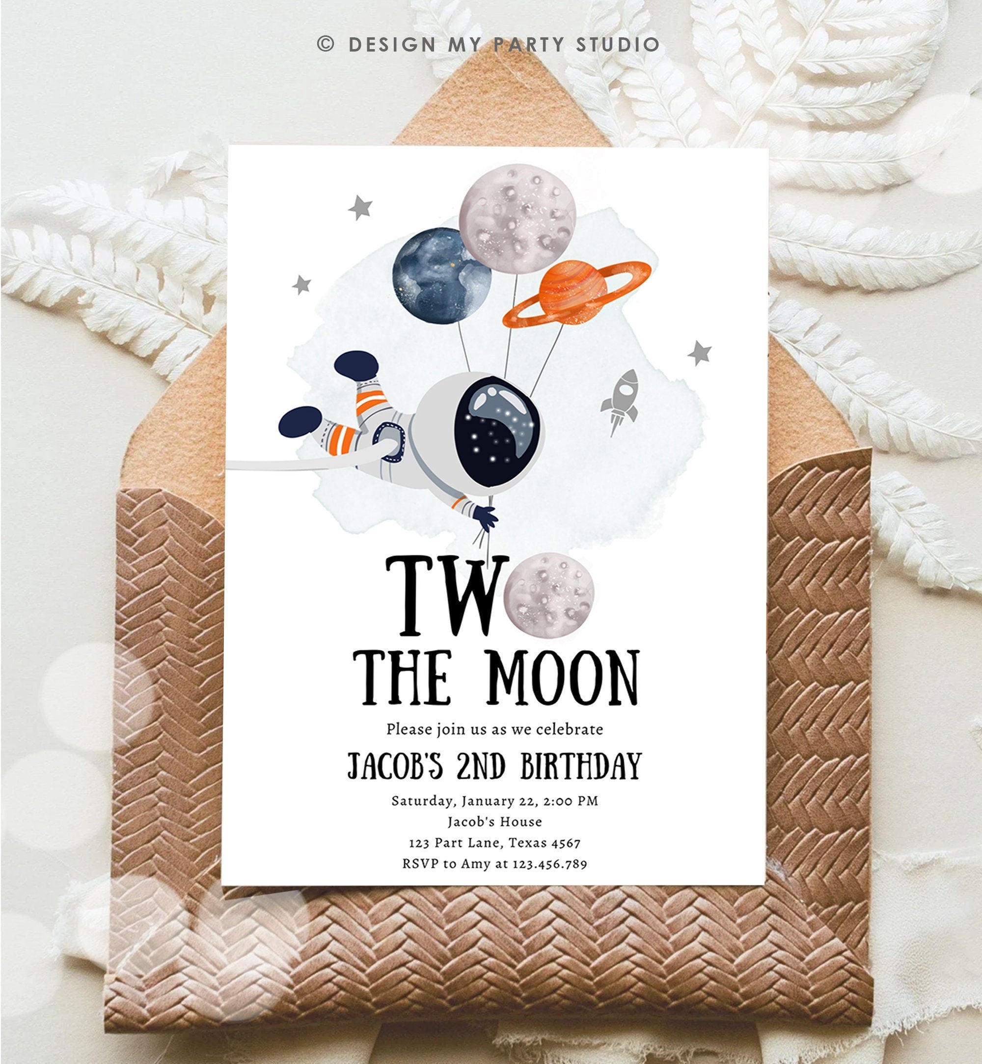 Editable Two the Moon Birthday Invitation Outer Space Boy Second 2nd Out of this World Astronaut Blue Orange Digital Template Printable 0366