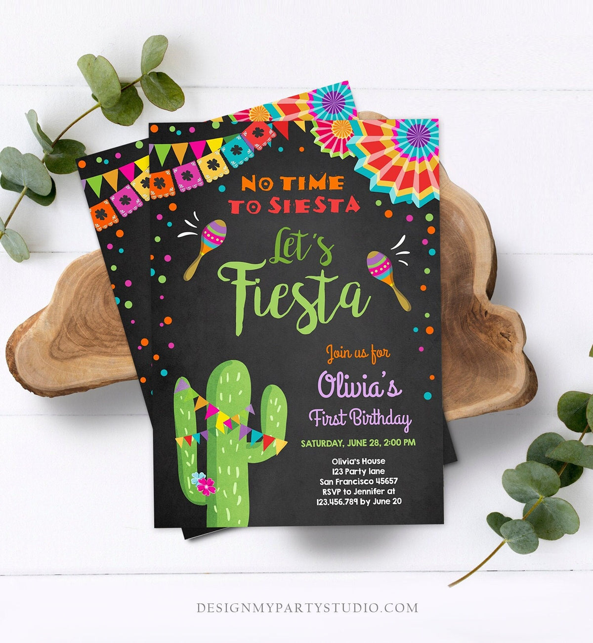 Editable Let&#39;s Fiesta Birthday Invitation No Time To Siesta Girl Cactus Samba Confetti First Birthday Chalk Corjl Template Printable 0045