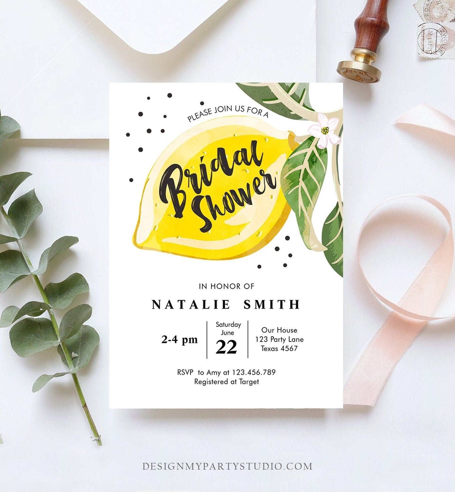 Editable Lemon Bridal Shower Invitation Bohemian Citrus Rustic Greenery Summer Wedding Lemonade Download Evite Template Printable 0307