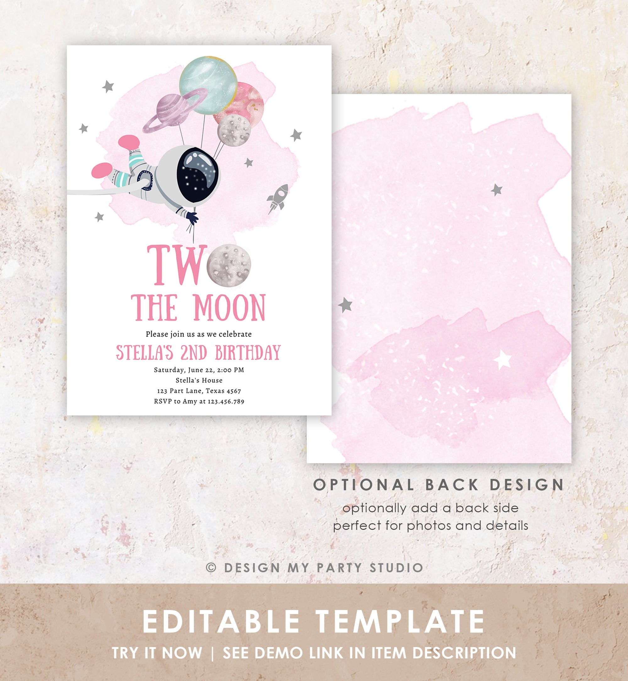 Editable Two the Moon Outer Space Birthday Invitation Out of this World Astronaut Pink Silver Girl Second 2nd Evite Template Printable 0366