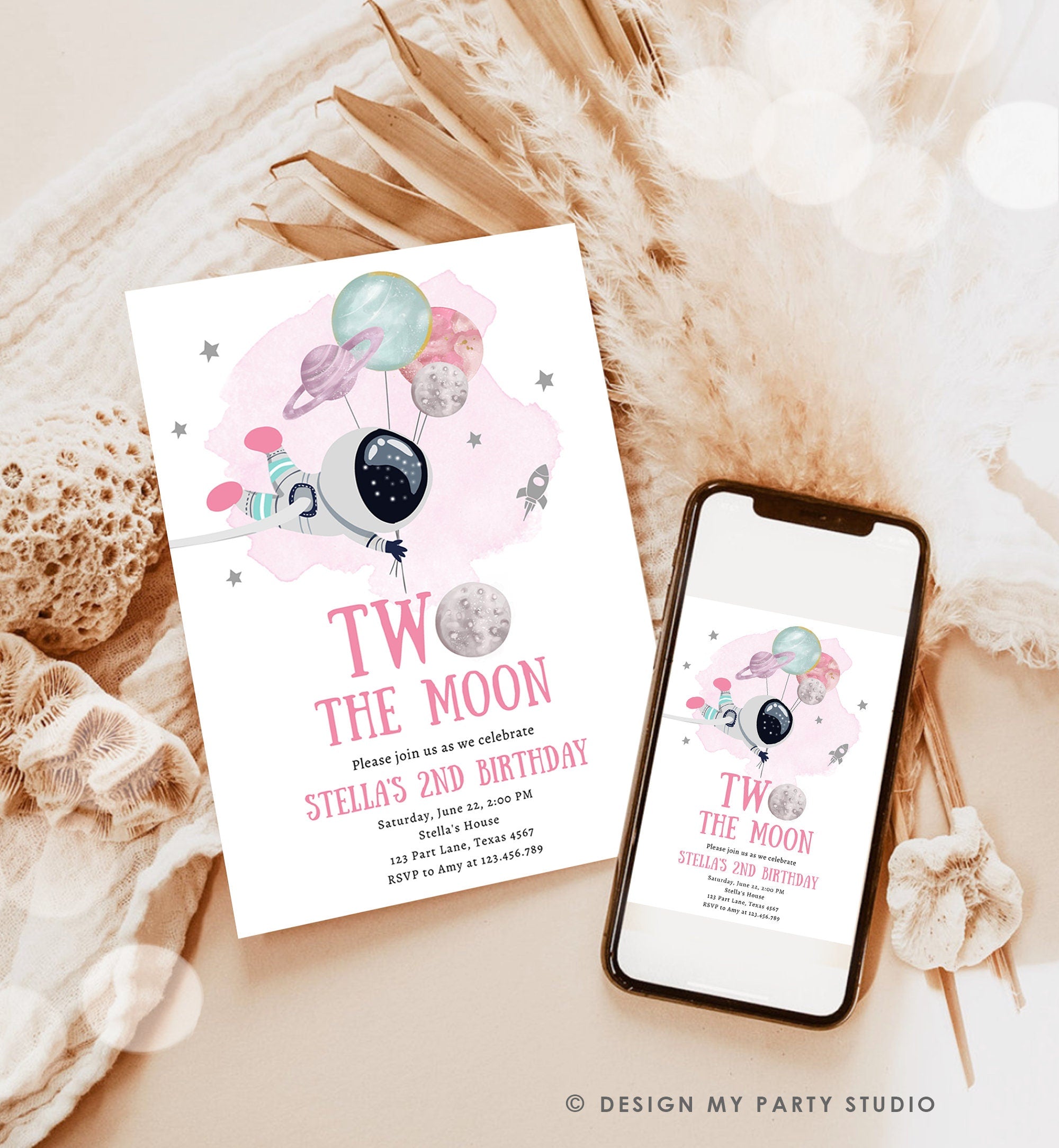 Editable Two the Moon Outer Space Birthday Invitation Out of this World Astronaut Pink Silver Girl Second 2nd Evite Template Printable 0366