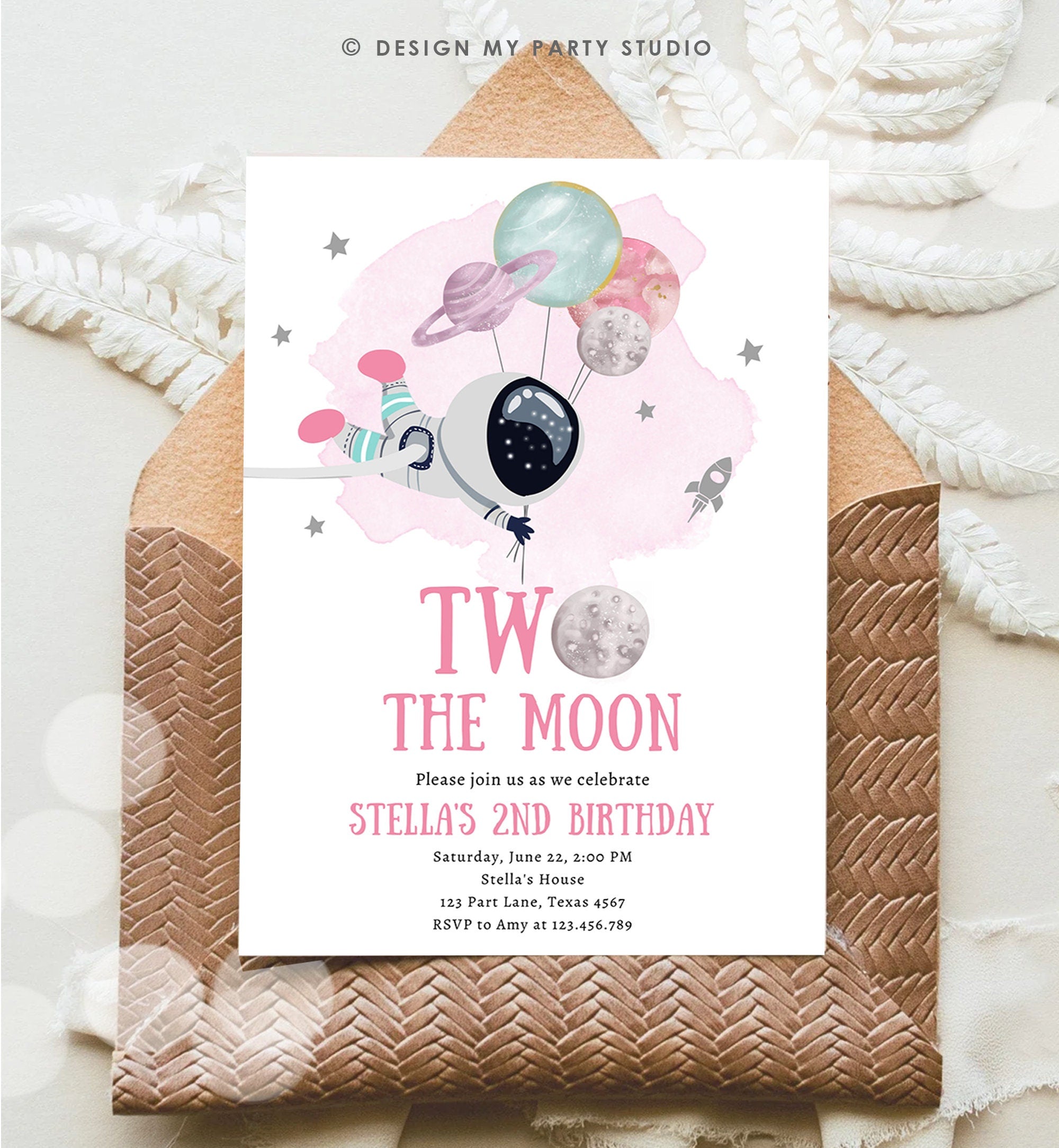 Editable Two the Moon Outer Space Birthday Invitation Out of this World Astronaut Pink Silver Girl Second 2nd Evite Template Printable 0366