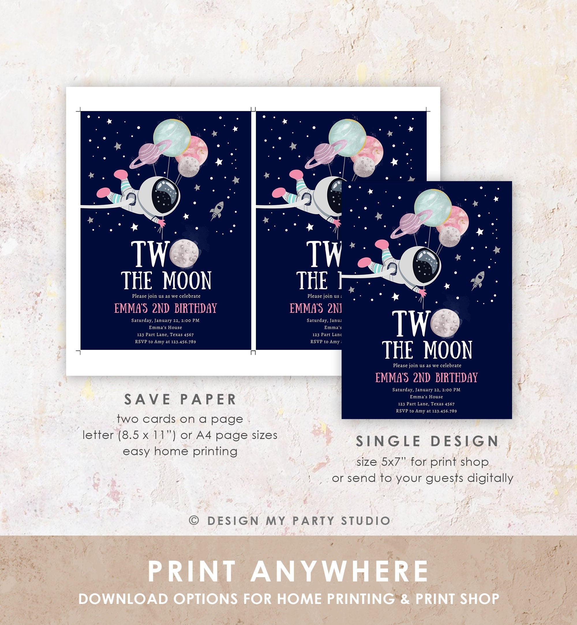 Editable Two the Moon Outer Space Birthday Invitation Out of this World Astronaut Pink Girl Second 2nd Digital Template Evite Printable 0366