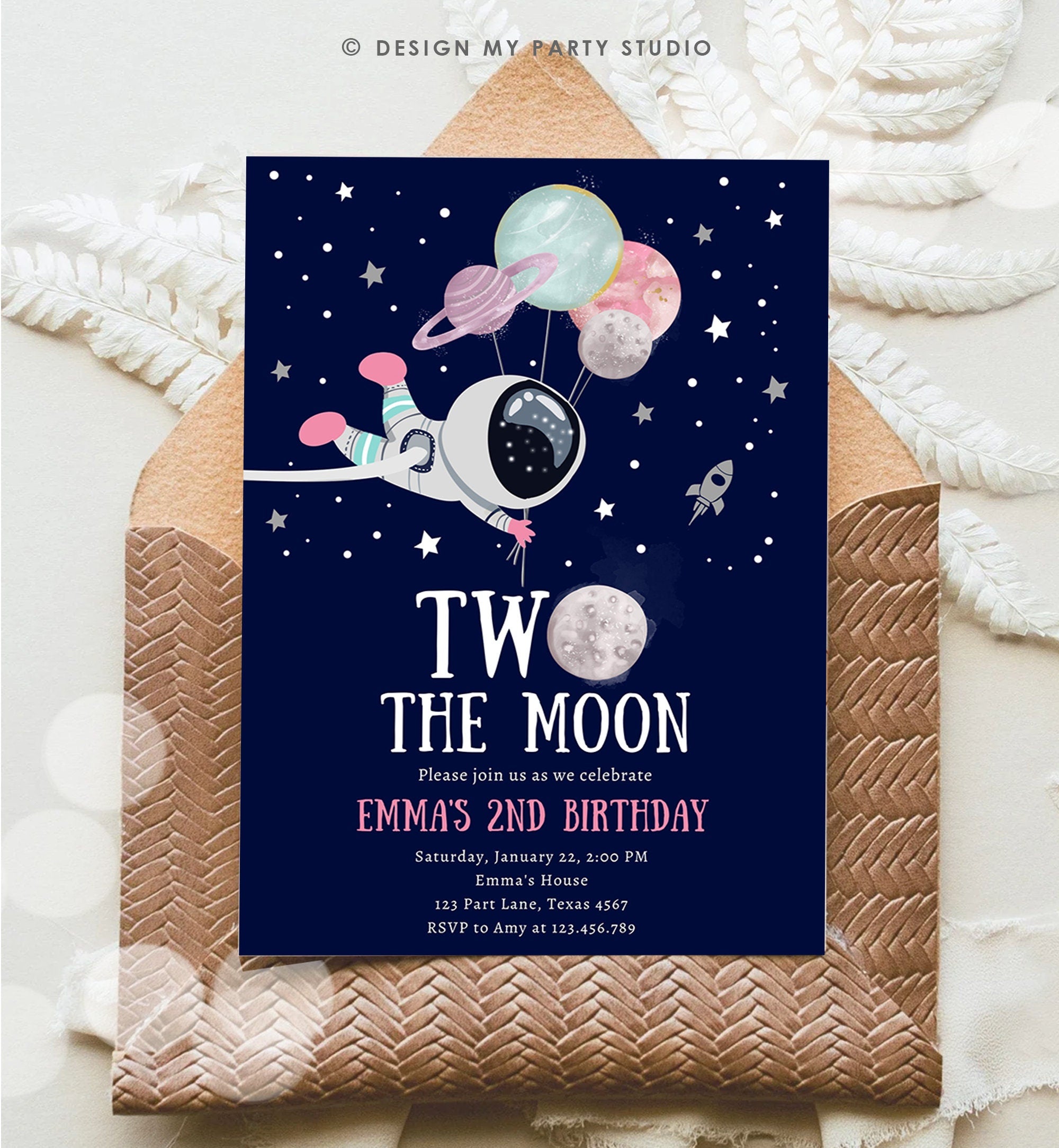 Editable Two the Moon Outer Space Birthday Invitation Out of this World Astronaut Pink Girl Second 2nd Digital Template Evite Printable 0366