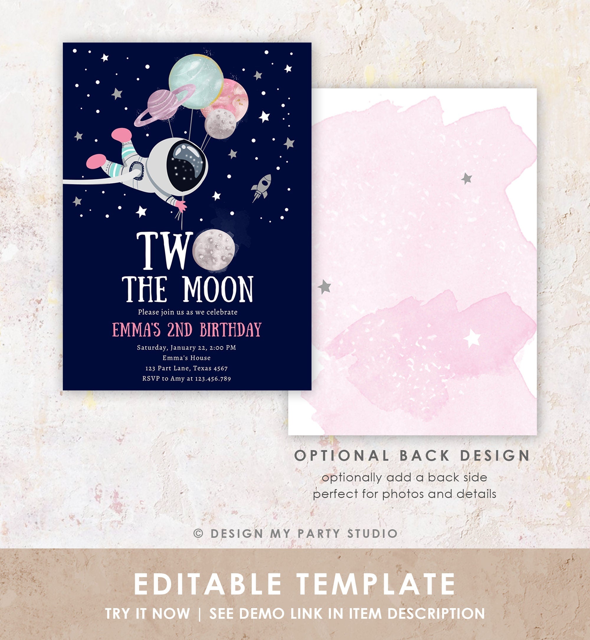 Editable Two the Moon Outer Space Birthday Invitation Out of this World Astronaut Pink Girl Second 2nd Digital Template Evite Printable 0366