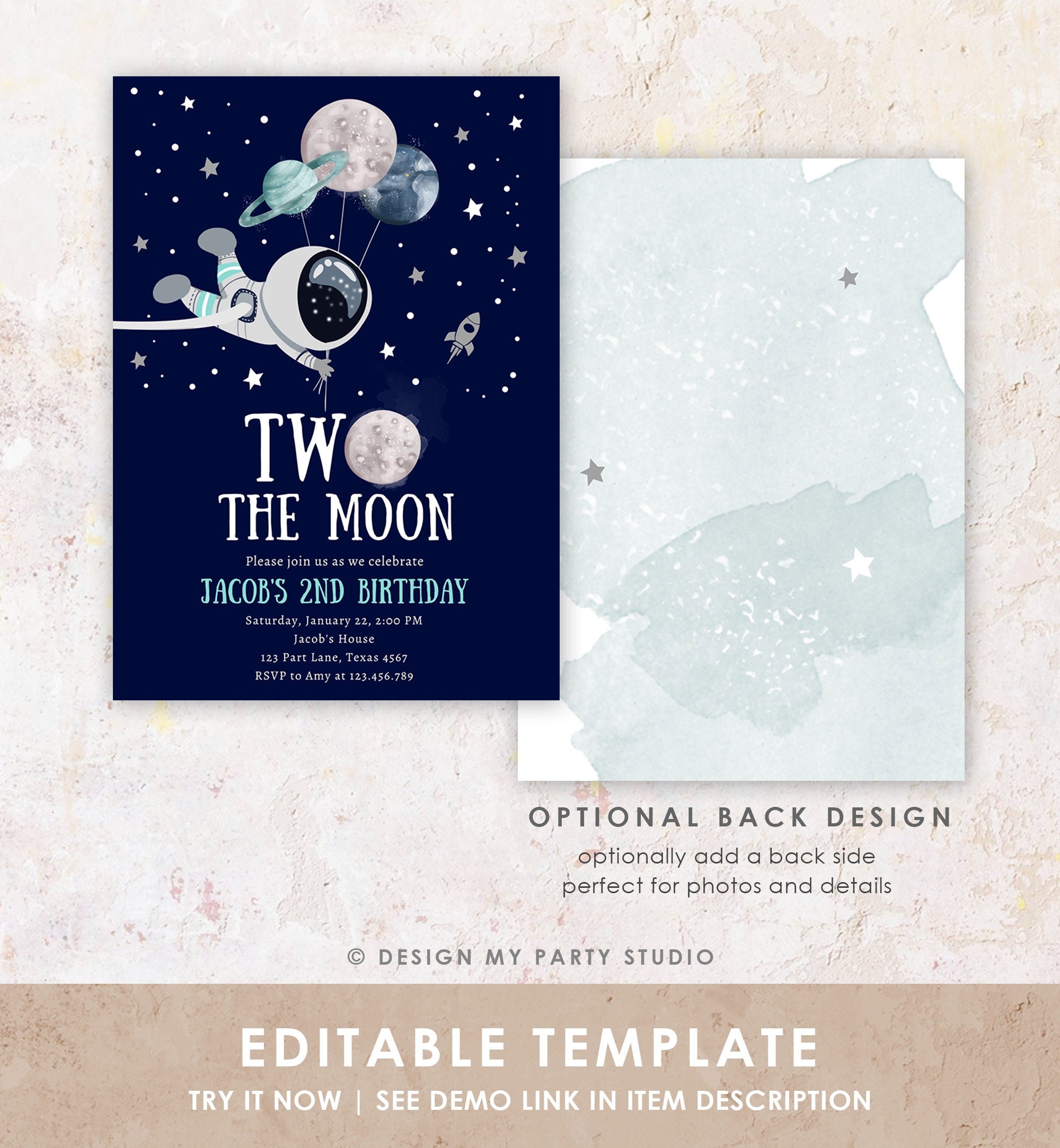 Editable Two the Moon Outer Space Birthday Invitation Out of this World Astronaut Blue Silver Boy Second 2nd Corjl Template Printable 0366