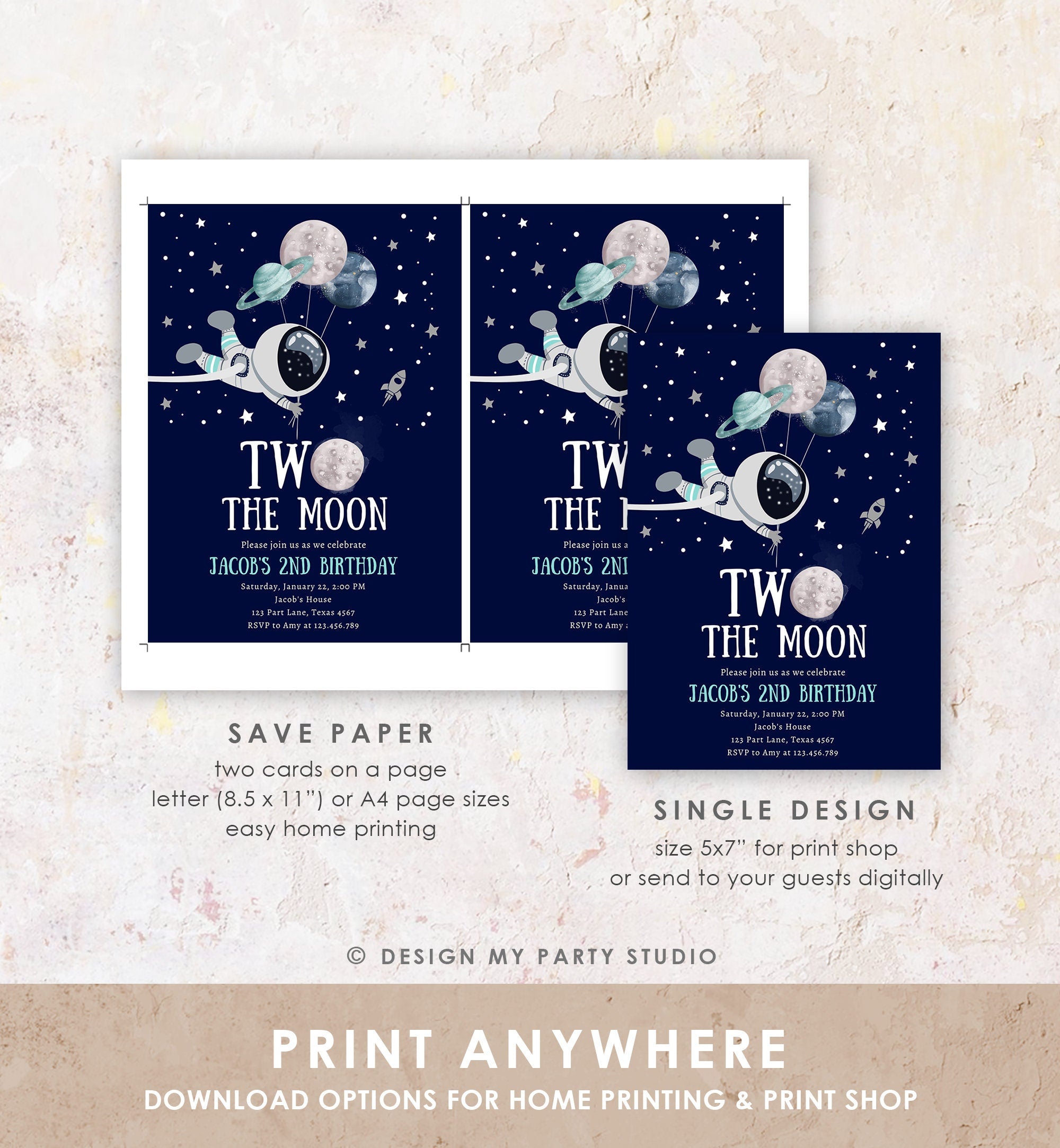 Editable Two the Moon Outer Space Birthday Invitation Out of this World Astronaut Blue Silver Boy Second 2nd Corjl Template Printable 0366