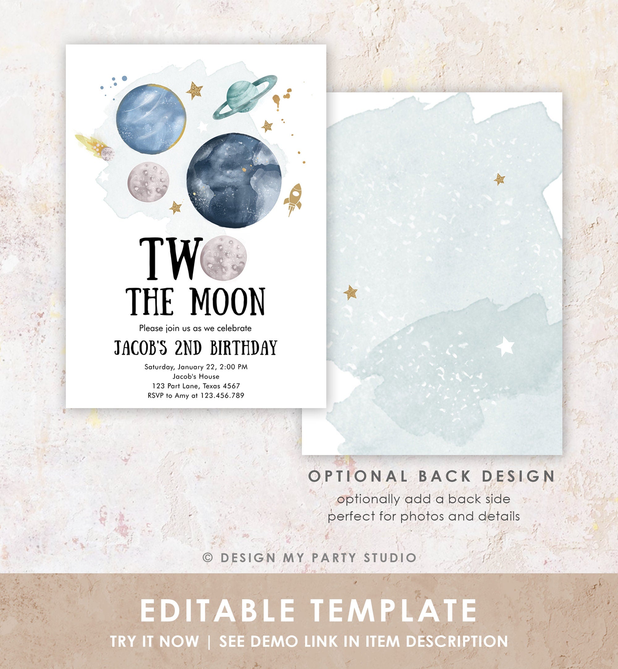 Editable Two the Moon 2nd Second Birthday Invitation Space Planets Rocket Astronaut Galaxy Digital Download Corjl Template Printable 0357