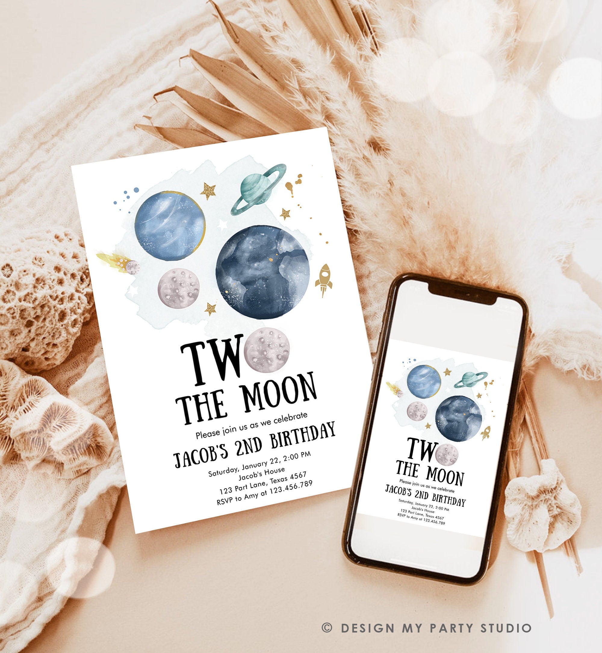 Editable Two the Moon 2nd Second Birthday Invitation Space Planets Rocket Astronaut Galaxy Digital Download Corjl Template Printable 0357