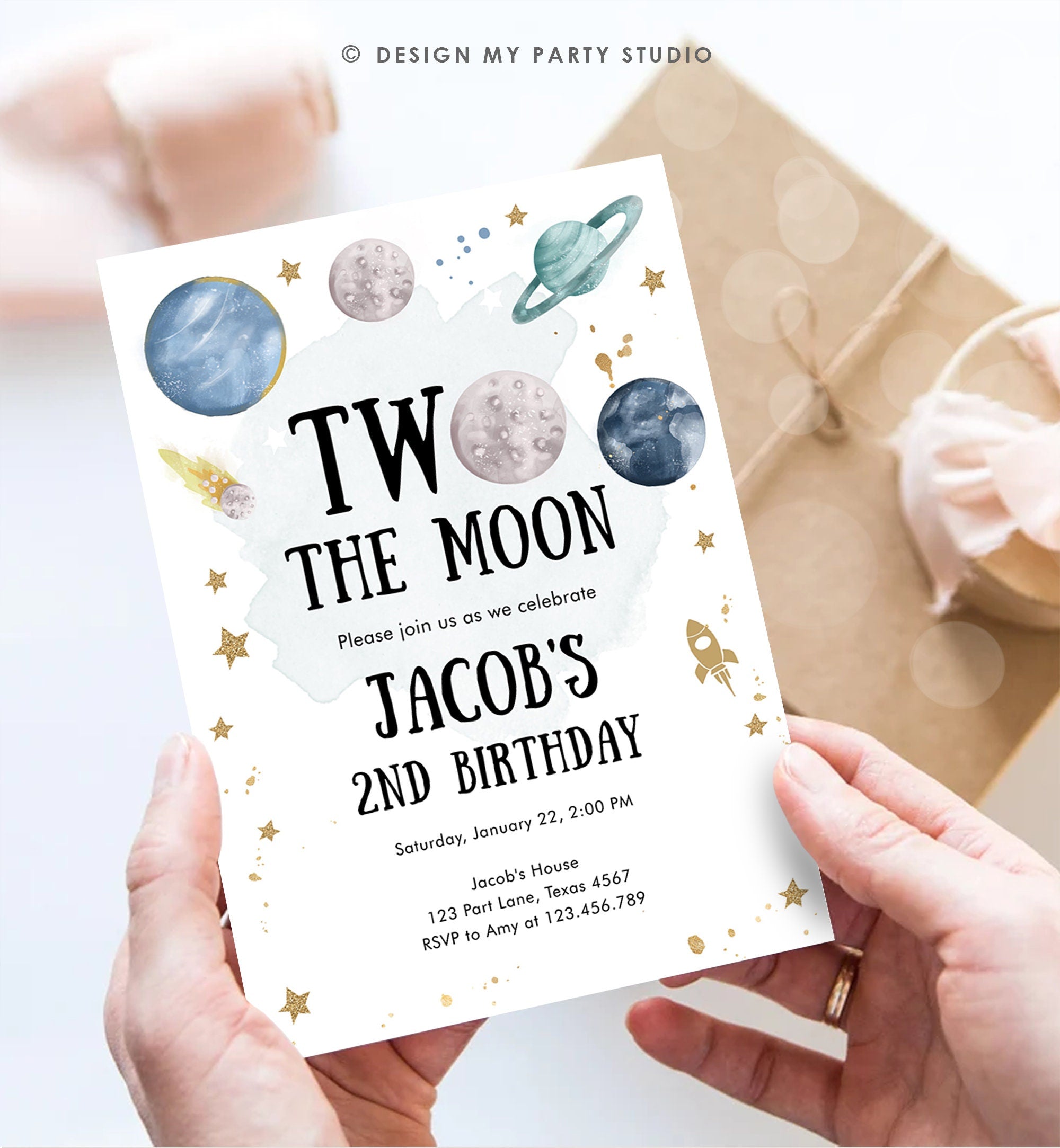 Editable Two the Moon Second Birthday Invitation Space Astronaut Planets Galaxy 2nd Boy Digital Download Corjl Template Printable0357