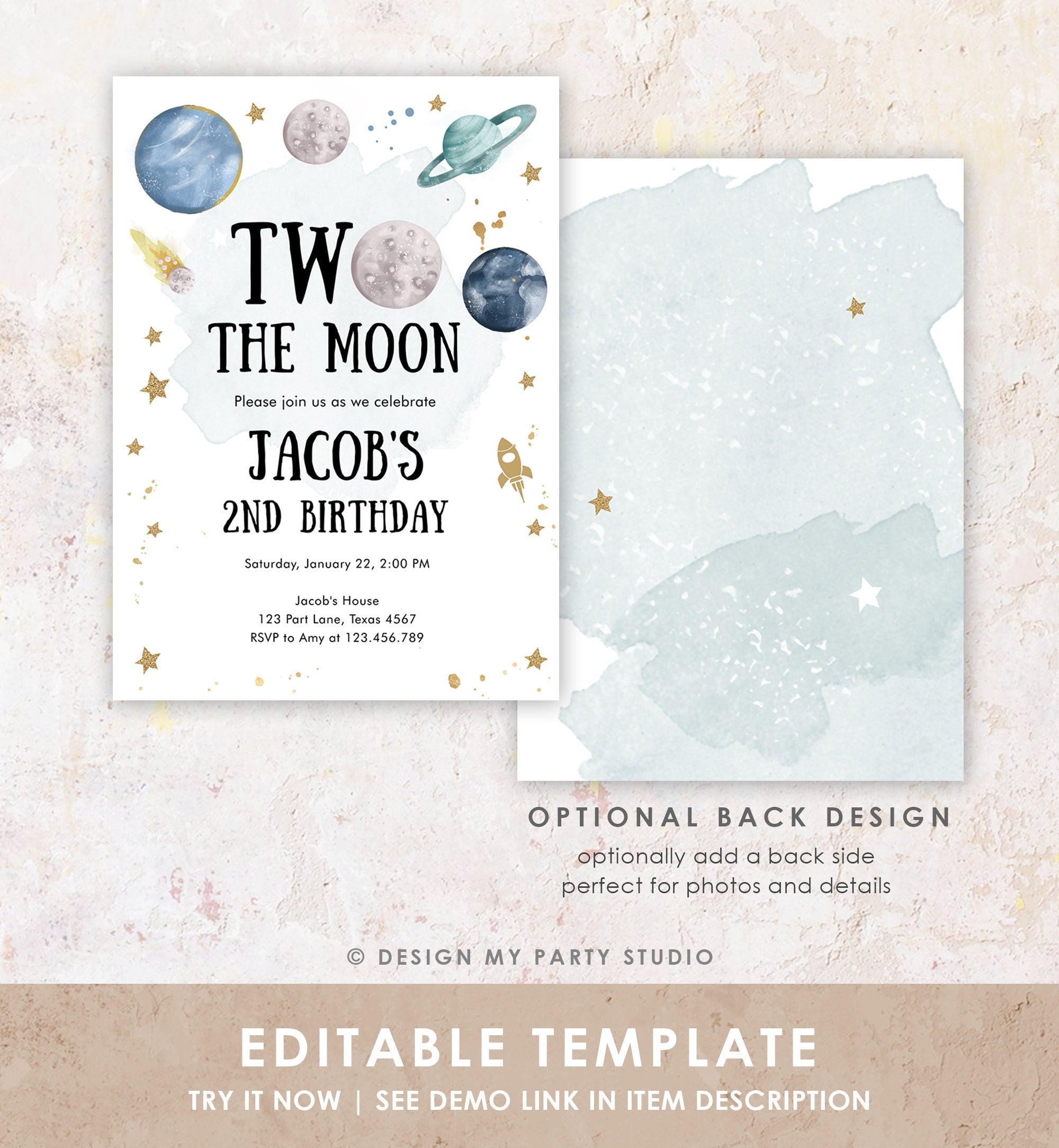 Editable Two the Moon Second Birthday Invitation Space Astronaut Planets Galaxy 2nd Boy Digital Download Corjl Template Printable0357