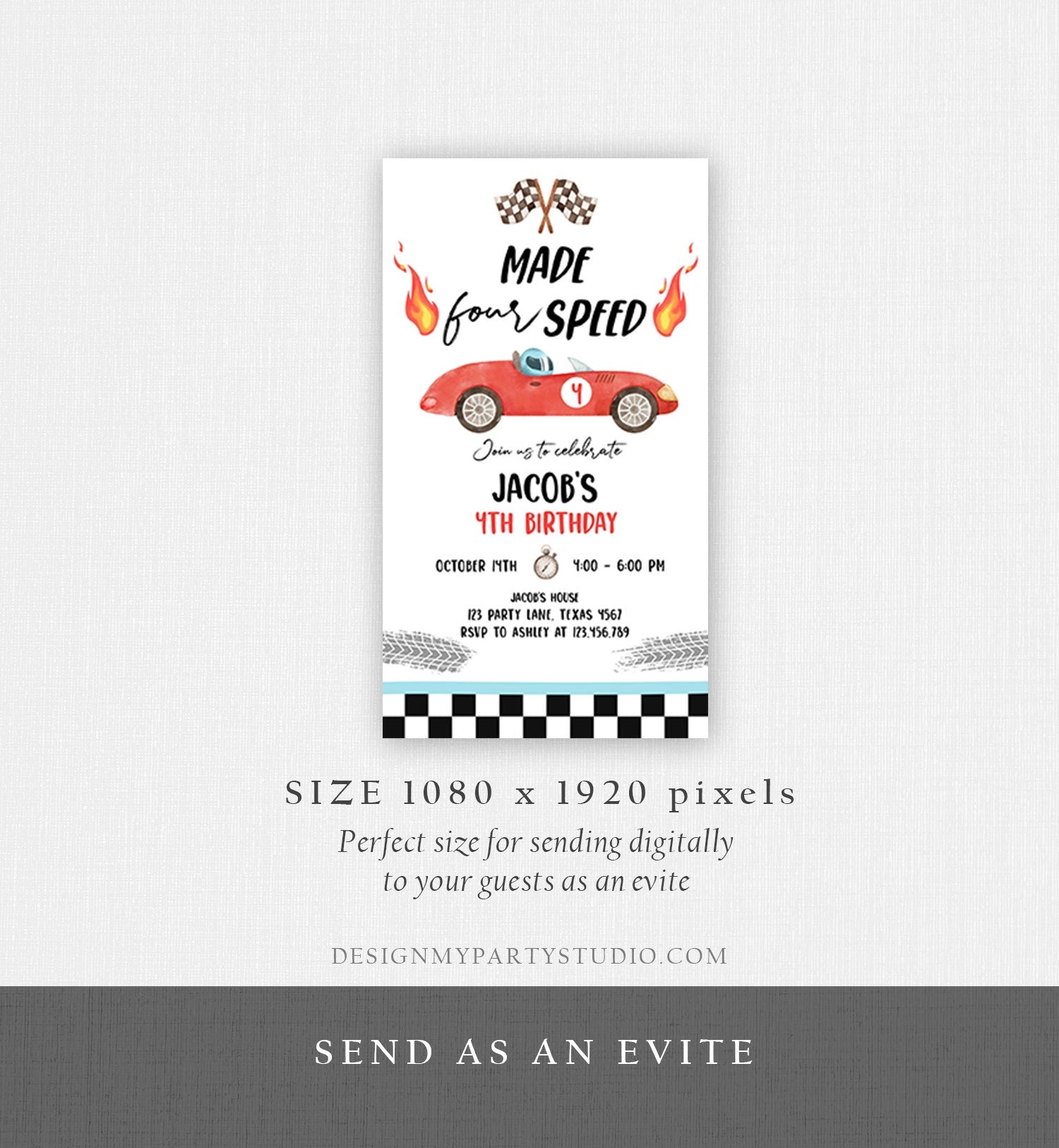 Editable Made Four Speed Race Car Fourth Birthday Invitation Boy Red 4th Birthday Racing Evite Made 4 Speed Corjl Template Printable 0424