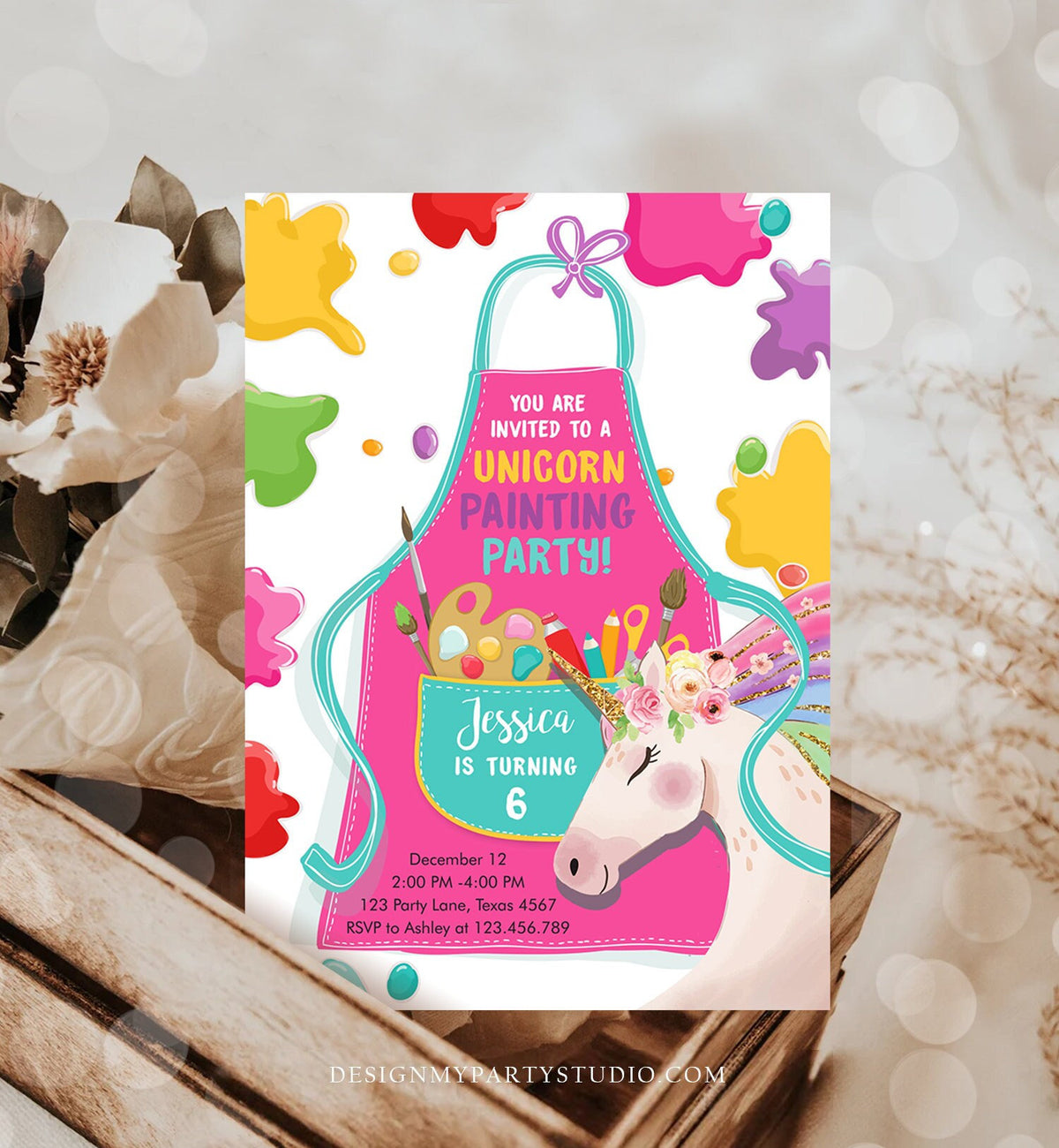 Editable Unicorn Painting Party Invitation Art Party Birthday Invite Girl Paint Craft Party Download Printable Template Digital Corjl 0319