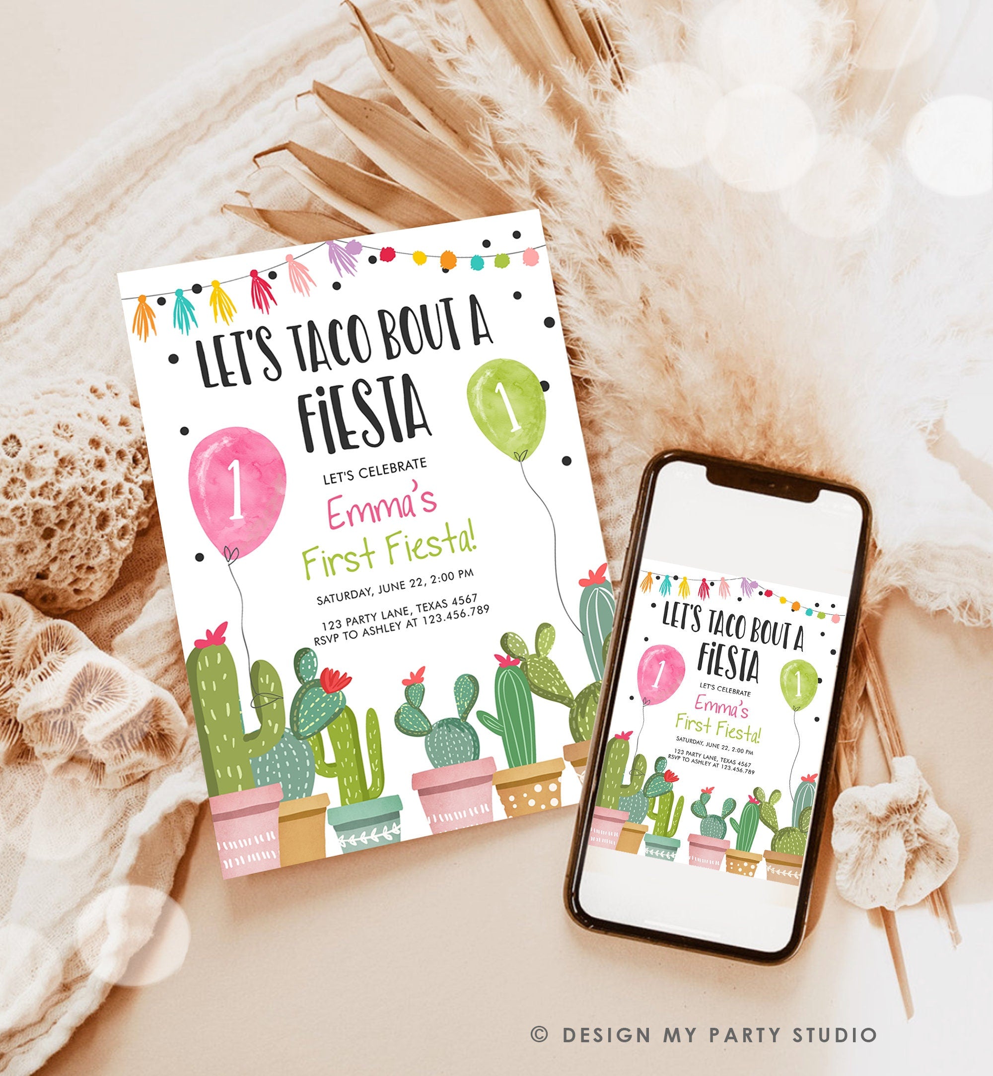 Editable Taco Bout a Fiesta Birthday Invitation ANY AGE Cactus Succulent 1st First Birthday Party Mexican Girl Pink Corjl Template 0254