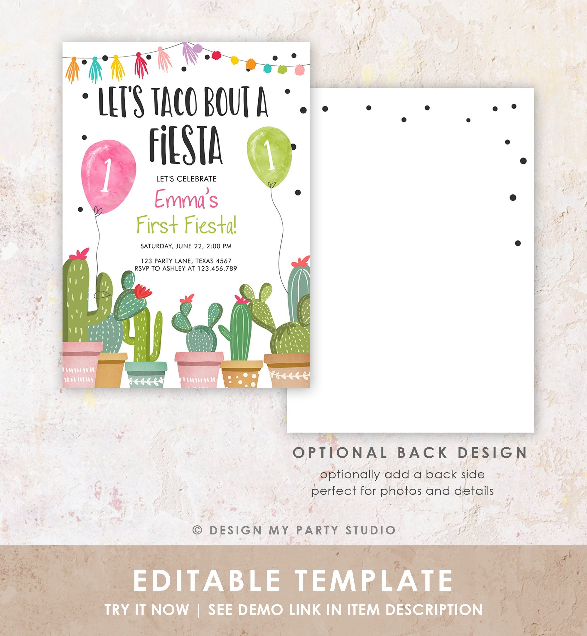 Editable Taco Bout a Fiesta Birthday Invitation ANY AGE Cactus Succulent 1st First Birthday Party Mexican Girl Pink Corjl Template 0254