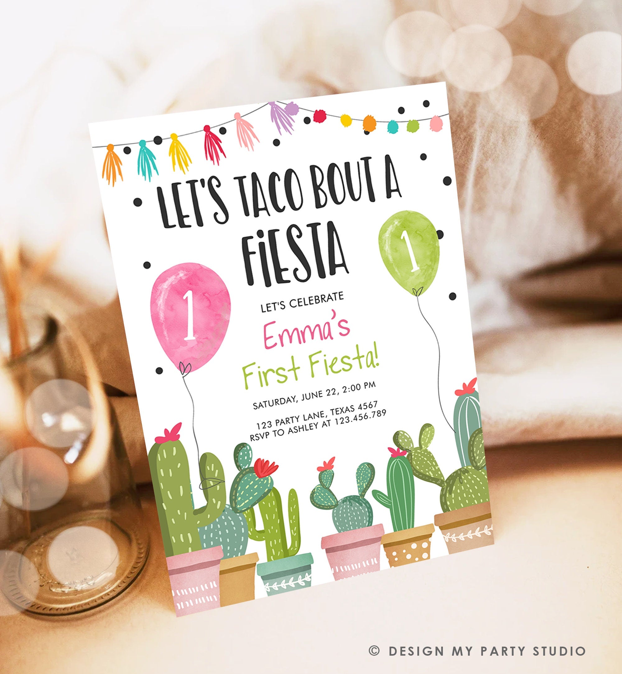 Editable Taco Bout a Fiesta Birthday Invitation ANY AGE Cactus Succulent 1st First Birthday Party Mexican Girl Pink Corjl Template 0254