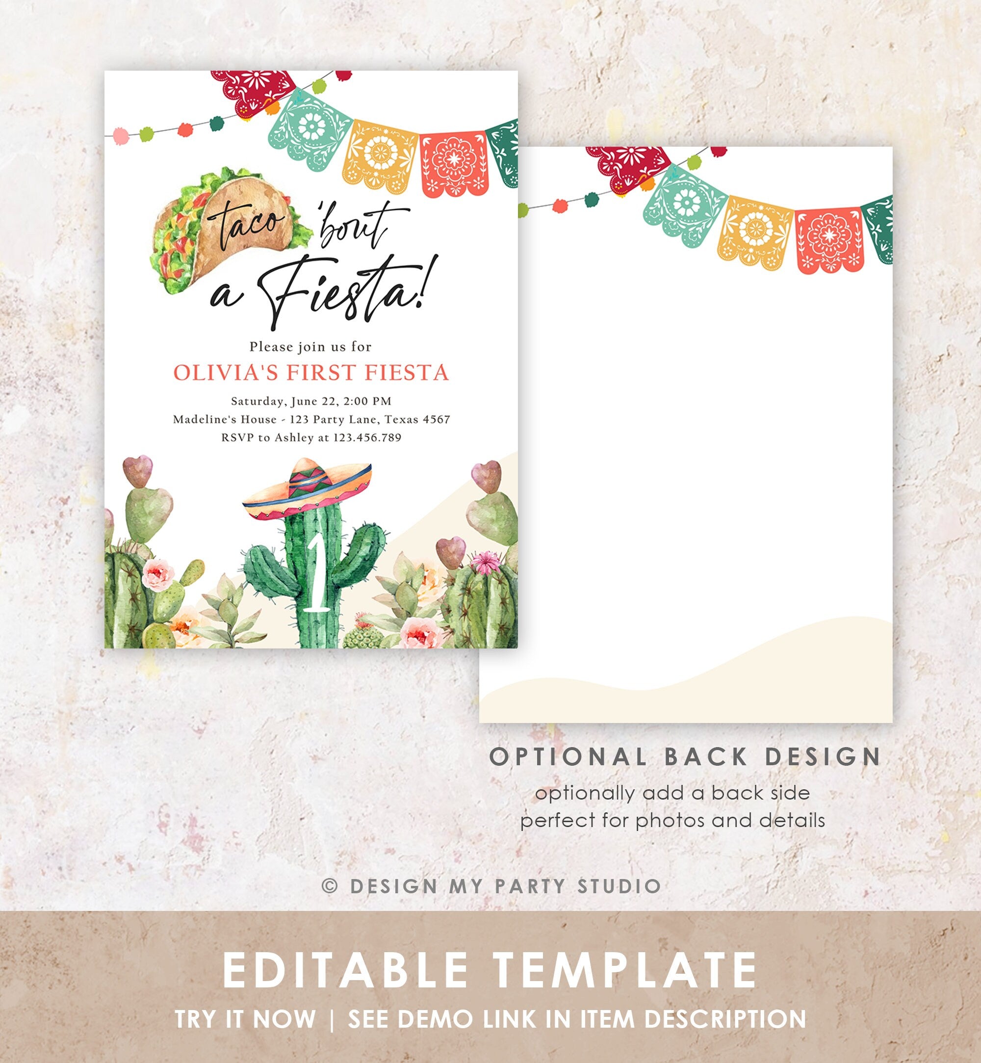 Editable Taco Bout a Fiesta Birthday Invitation Fiesta ANY AGE Cactus Mexican Party Cinco de Mayo Download Printable Corjl Template 0404