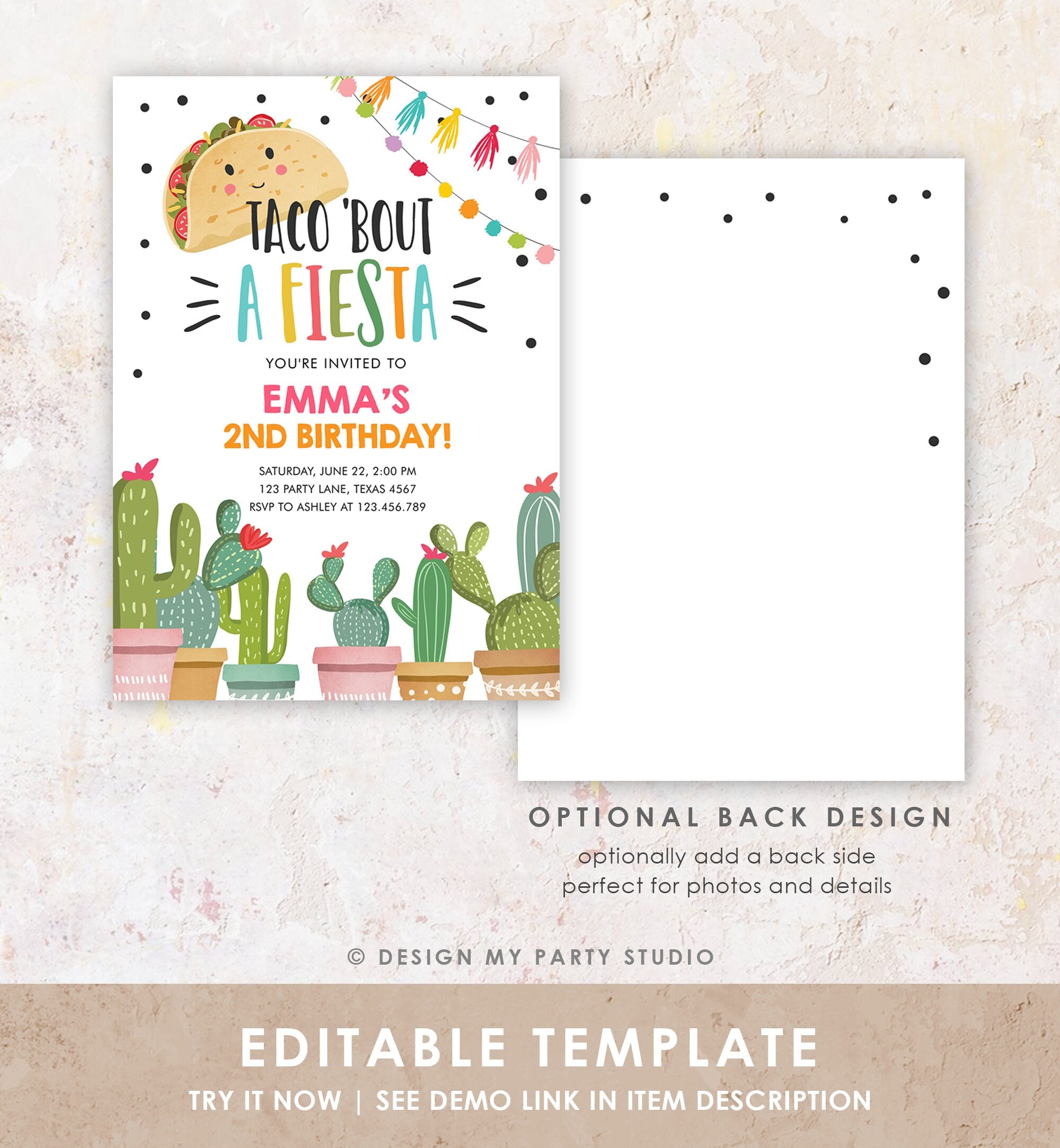 Editable Taco Bout a Fiesta Birthday Invitation ANY AGE Girl Pink Cactus Party Mexican Cinco de Mayo Download Corjl Template Printable 0254