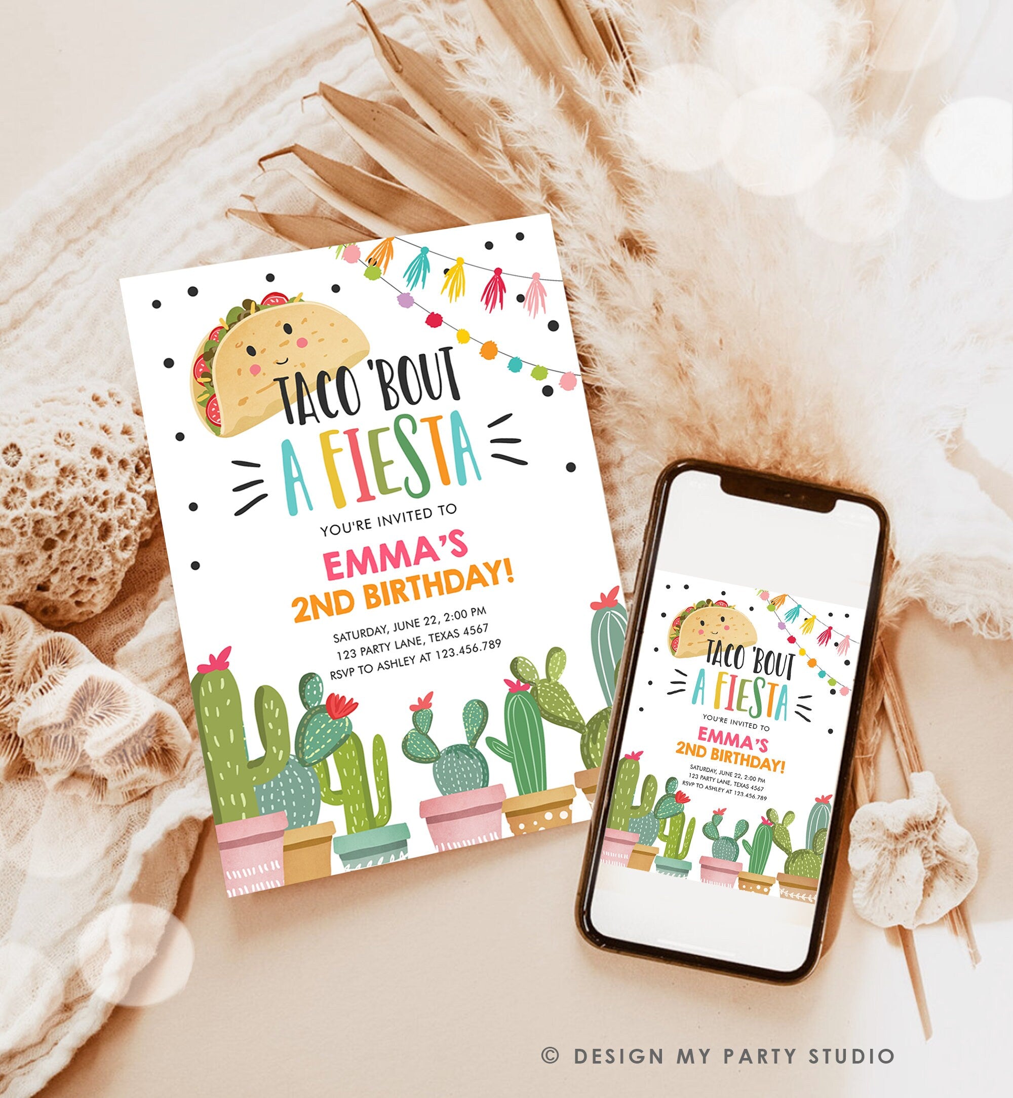 Editable Taco Bout a Fiesta Birthday Invitation ANY AGE Girl Pink Cactus Party Mexican Cinco de Mayo Download Corjl Template Printable 0254