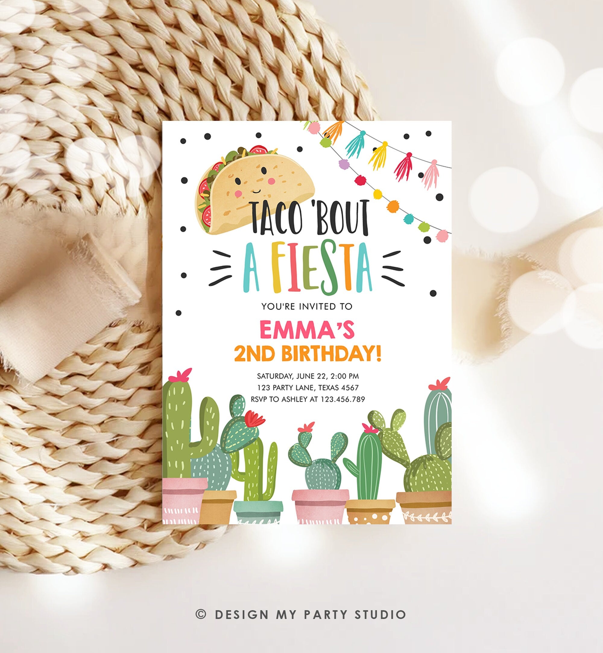 Editable Taco Bout a Fiesta Birthday Invitation ANY AGE Girl Pink Cactus Party Mexican Cinco de Mayo Download Corjl Template Printable 0254