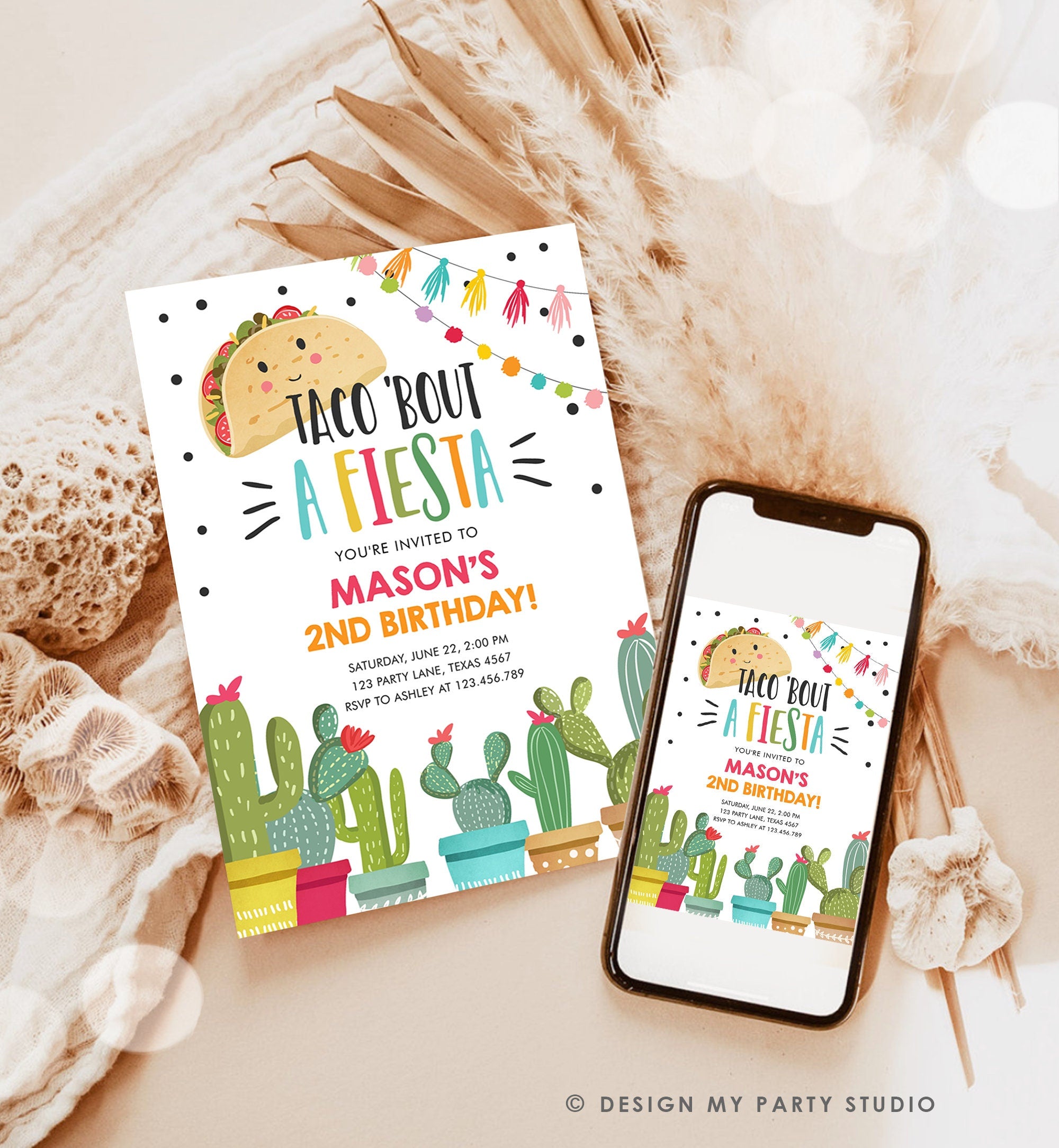 Editable Taco Bout a Fiesta Birthday Invitation ANY AGE Boy 1st Party Mexican Cinco de Mayo Cactus Download Printable Corjl Template 0254