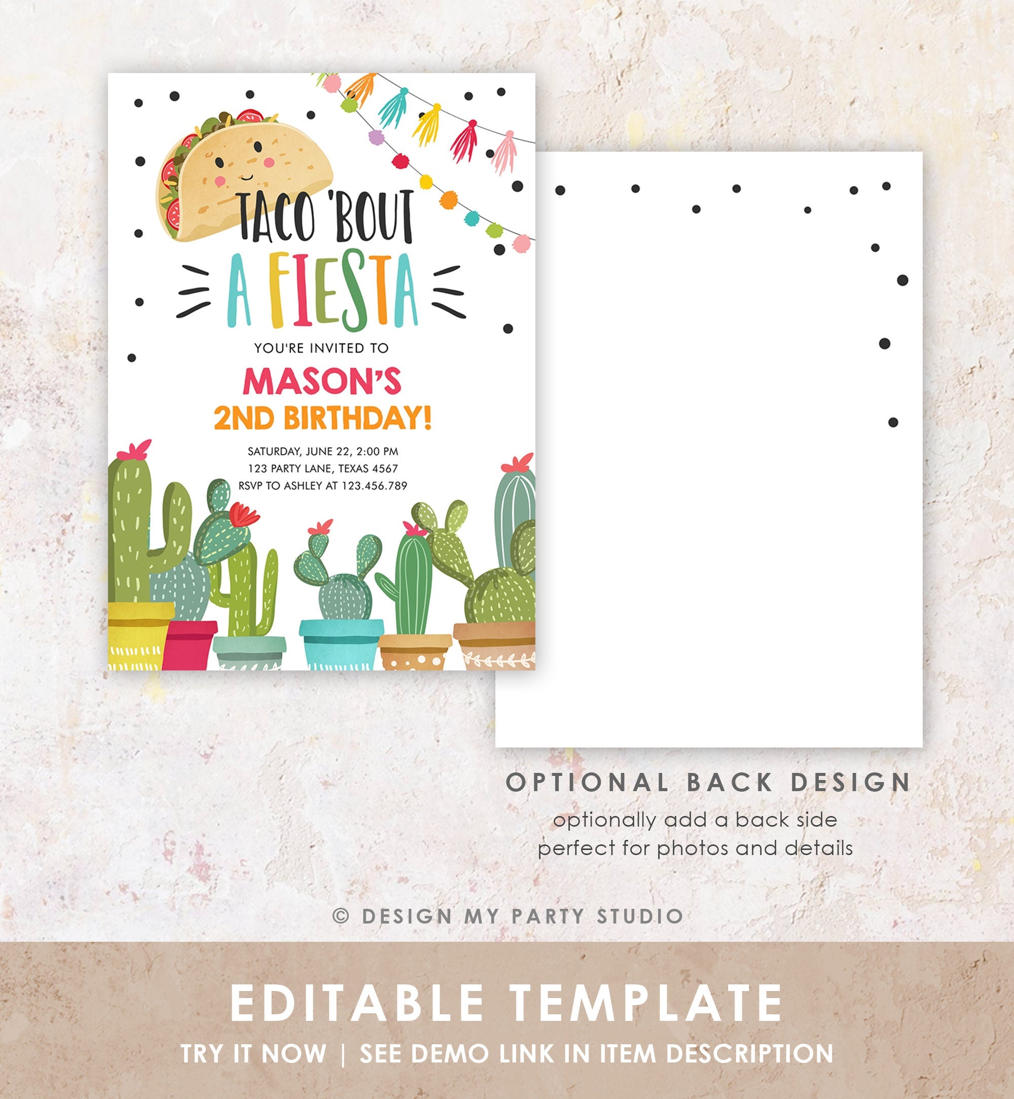 Editable Taco Bout a Fiesta Birthday Invitation ANY AGE Boy 1st Party Mexican Cinco de Mayo Cactus Download Printable Corjl Template 0254