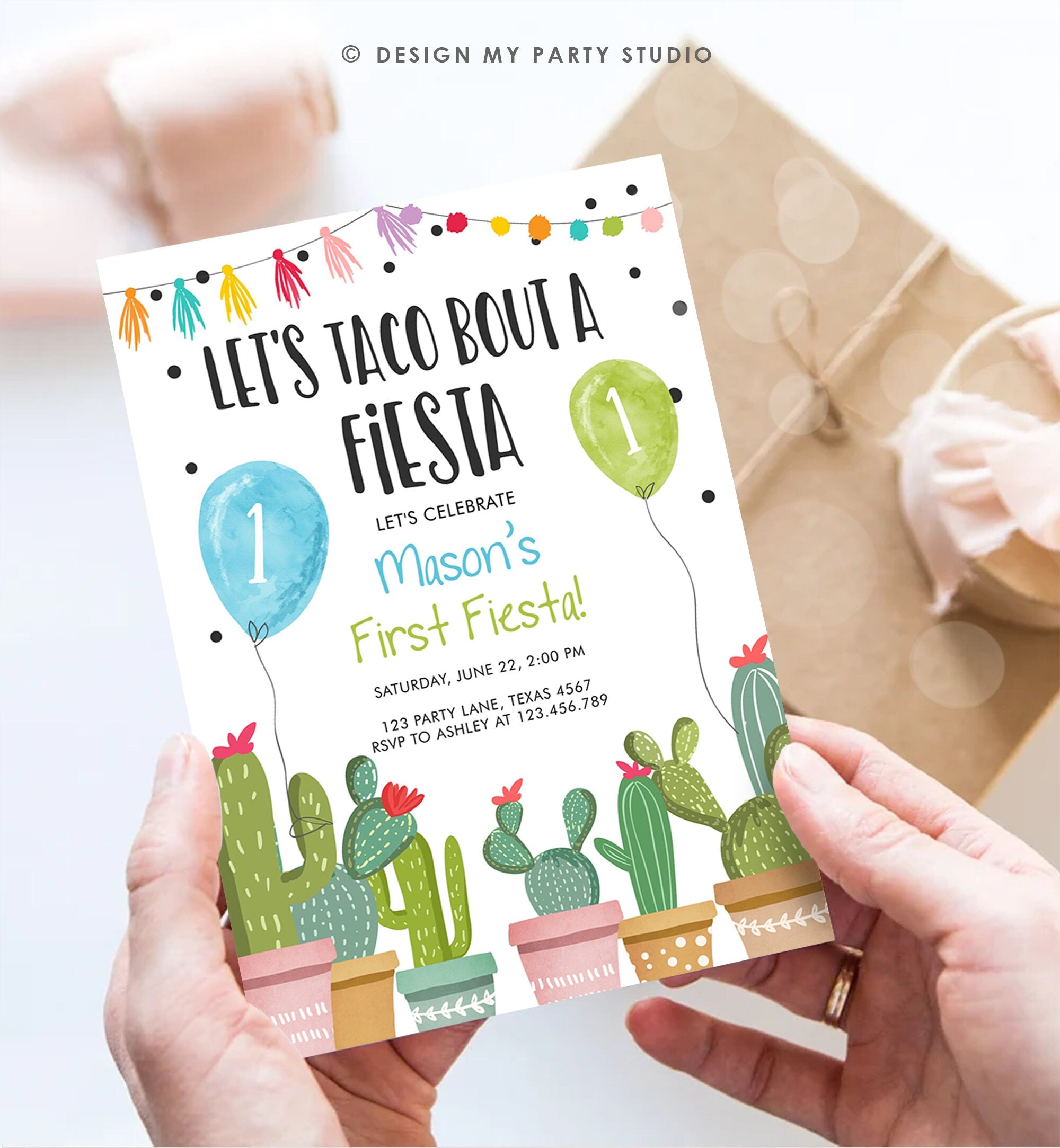 Editable Taco Bout a Fiesta Birthday Invitation ANY AGE Party Cactus Succulent 1st Birthday Mexican Boy First Fiesta Digital Template 0254