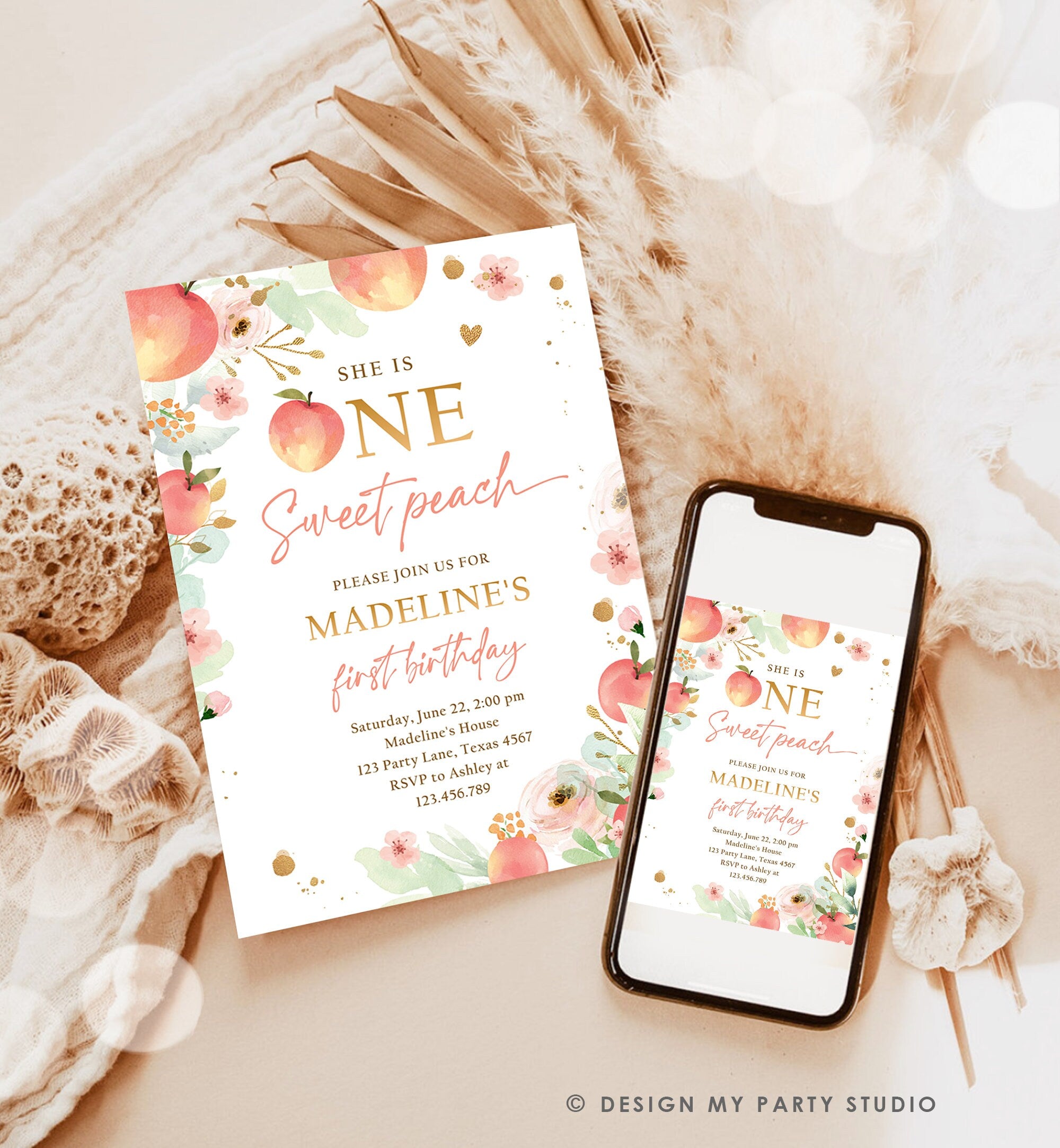 Editable One Sweet Peach First Birthday Invitation 1st Birthday Sweet Peach Girl Boho Peaches Digital Download Corjl Template Printable 0401