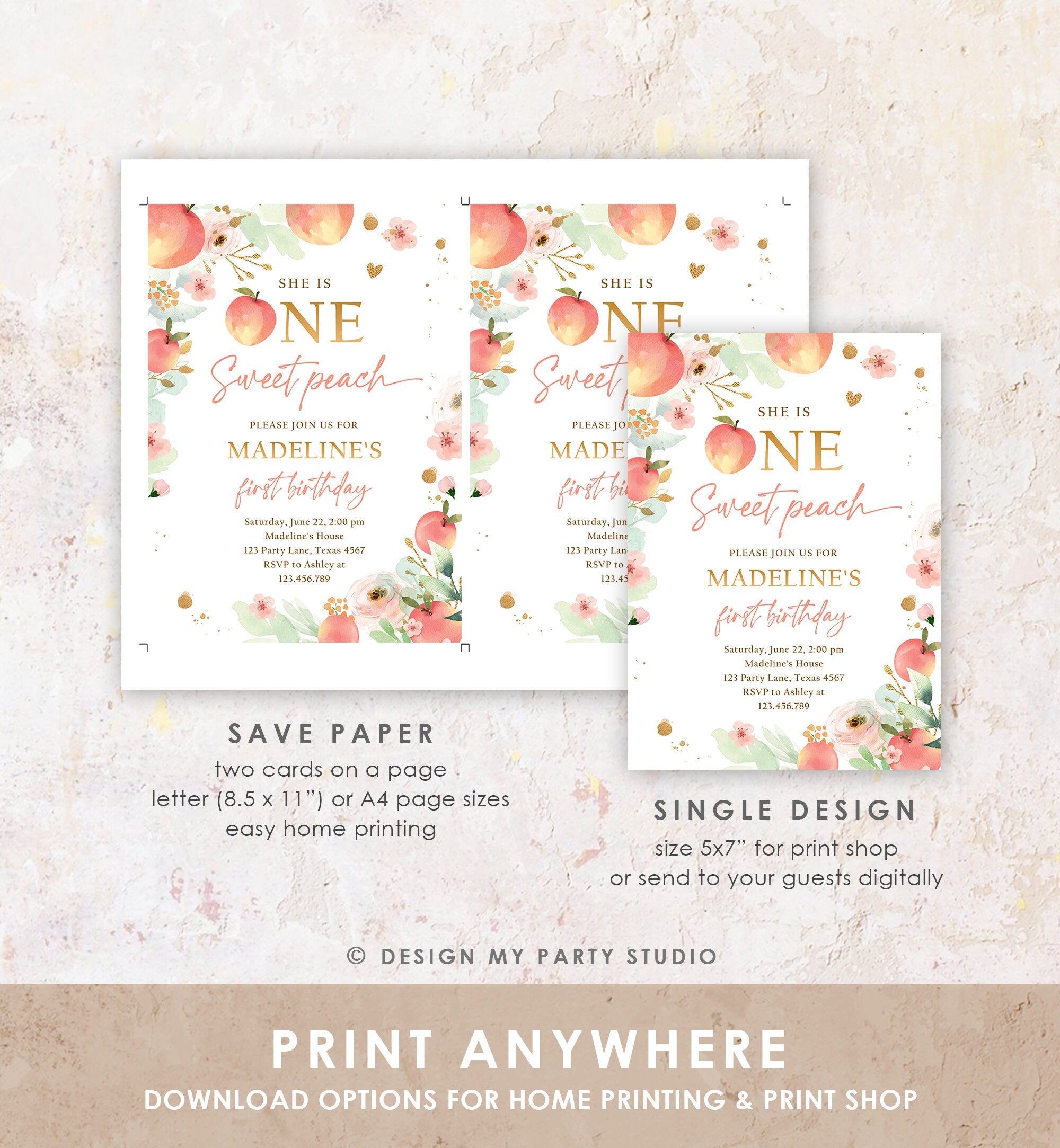 Editable One Sweet Peach First Birthday Invitation 1st Birthday Sweet Peach Girl Boho Peaches Digital Download Corjl Template Printable 0401