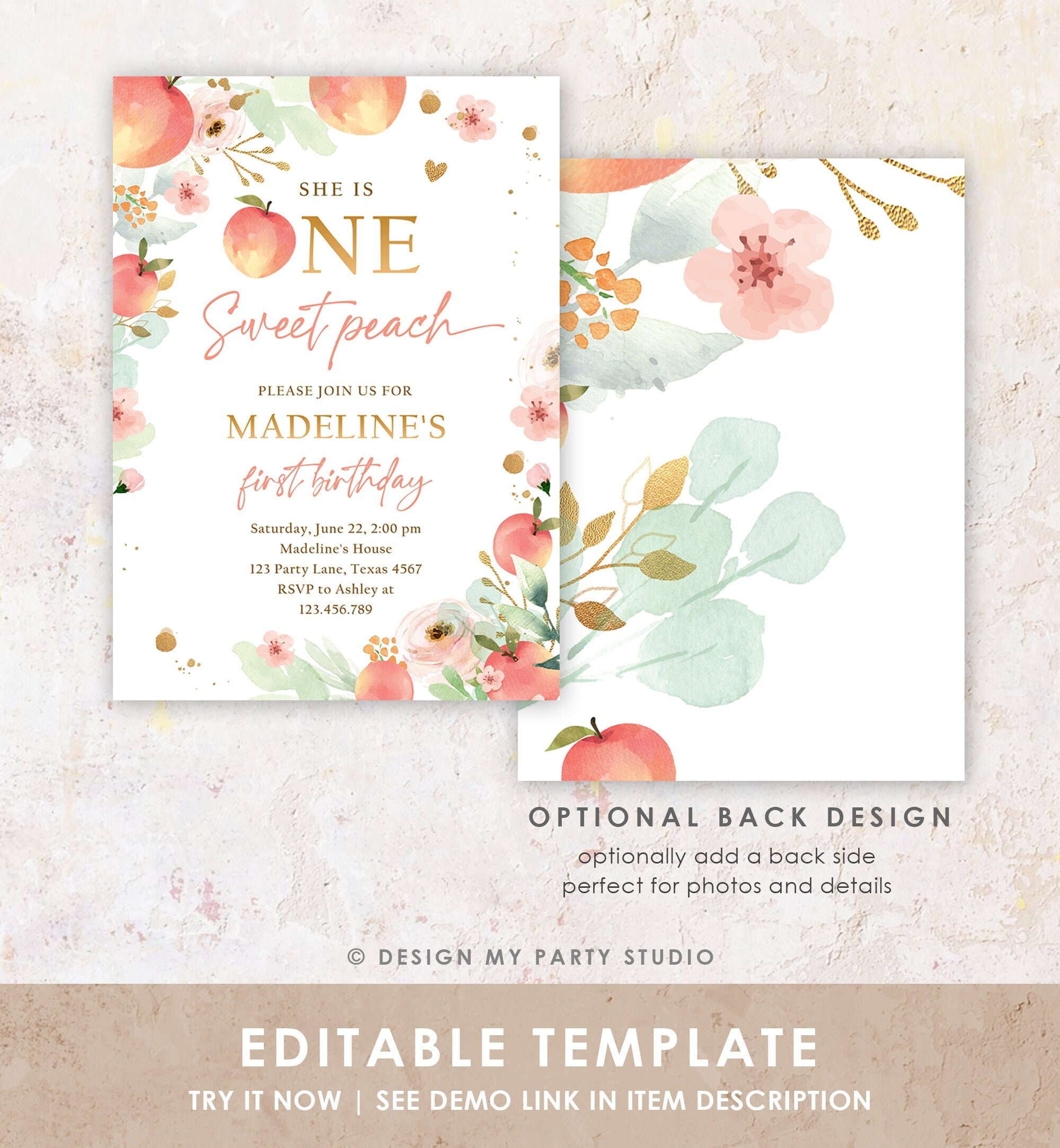 Editable One Sweet Peach First Birthday Invitation 1st Birthday Sweet Peach Girl Boho Peaches Digital Download Corjl Template Printable 0401