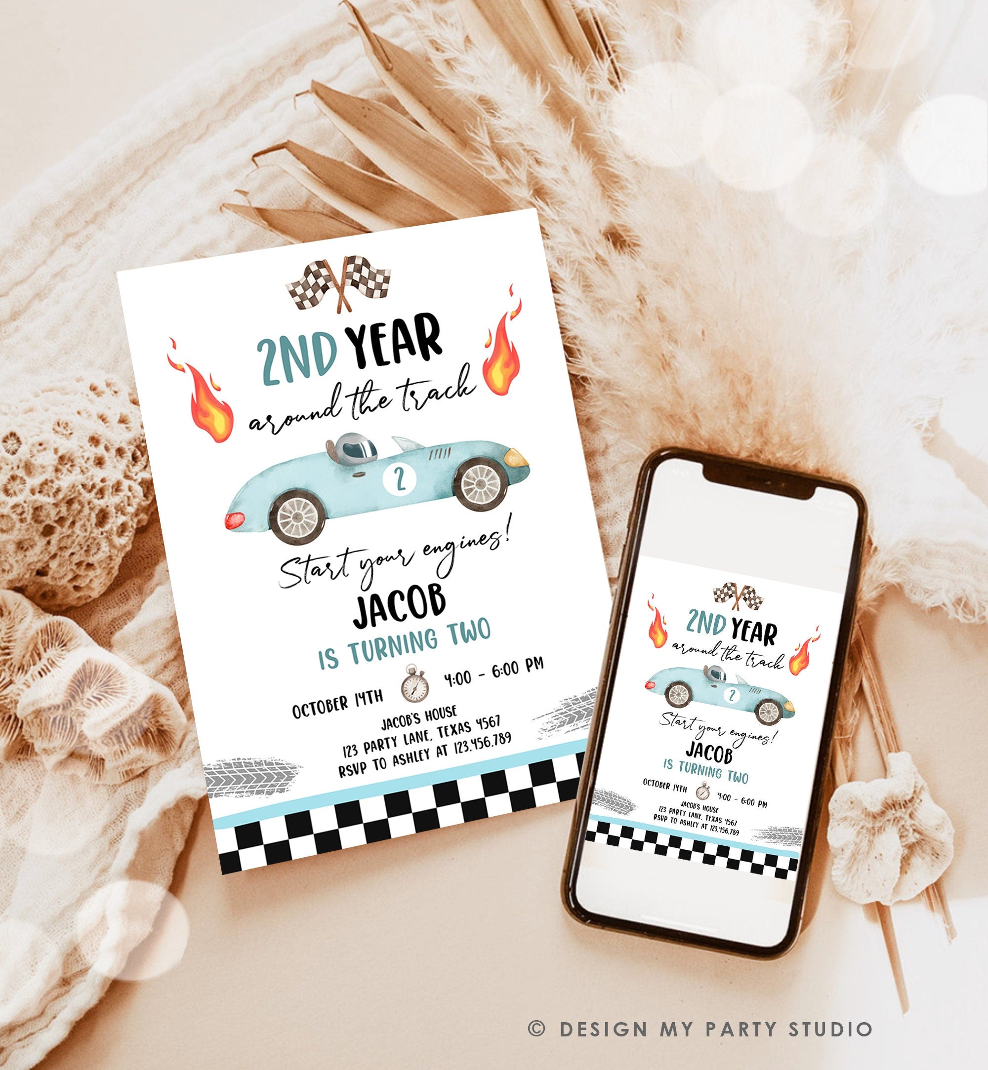 Editable 2nd Year Around the Track Birthday Invitation Boy Blue Two Fast Party Race Car Second Birthday Racing Evite Template Printable 0424