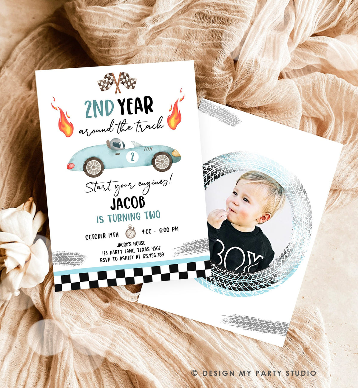 Editable 2nd Year Around the Track Birthday Invitation Boy Blue Two Fast Party Race Car Second Birthday Racing Evite Template Printable 0424