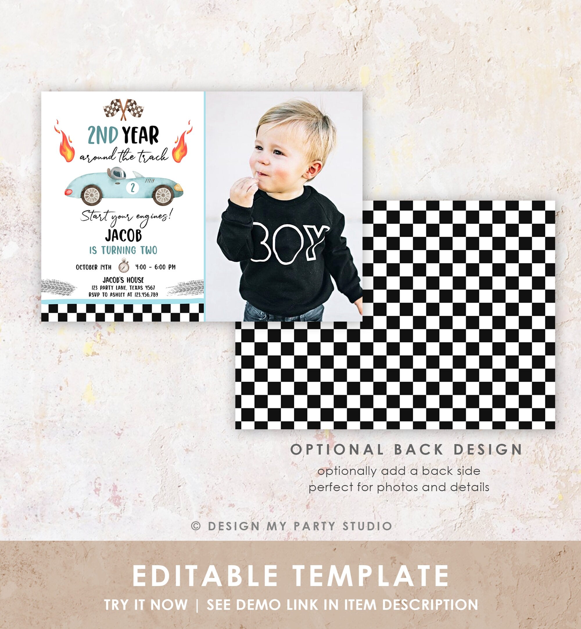 Editable 2nd Year Around the Track Birthday Invitation Boy Blue Two Fast Party Race Car Second Birthday Racing Corjl Template Printable 0424