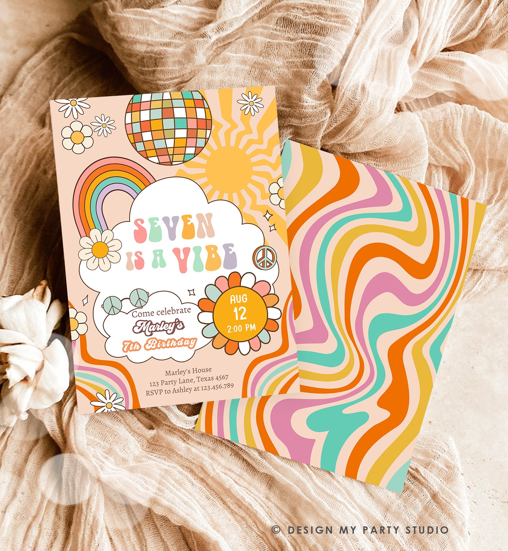 Editable Seven Is A Vibe Groovy Birthday Invitation 7th Birthday Retro Invite Rainbow Peace Love Party Download Template Corjl Digital 0459