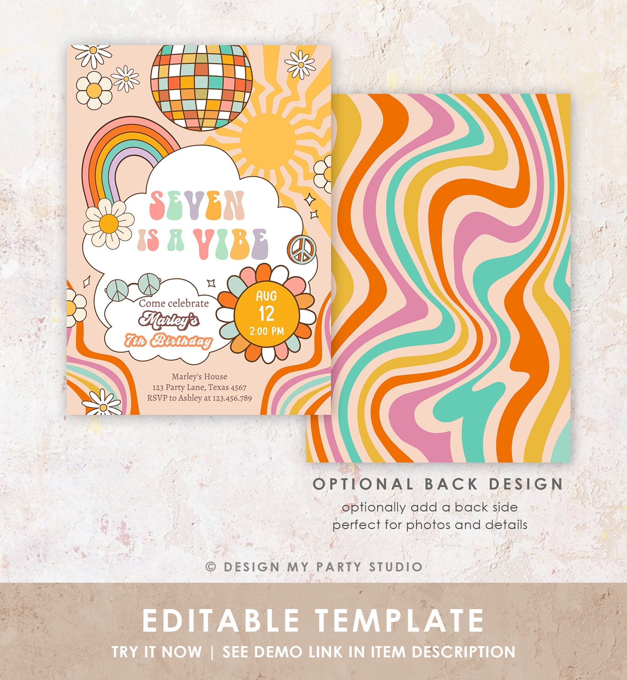 Editable Seven Is A Vibe Groovy Birthday Invitation 7th Birthday Retro Invite Rainbow Peace Love Party Download Template Corjl Digital 0459