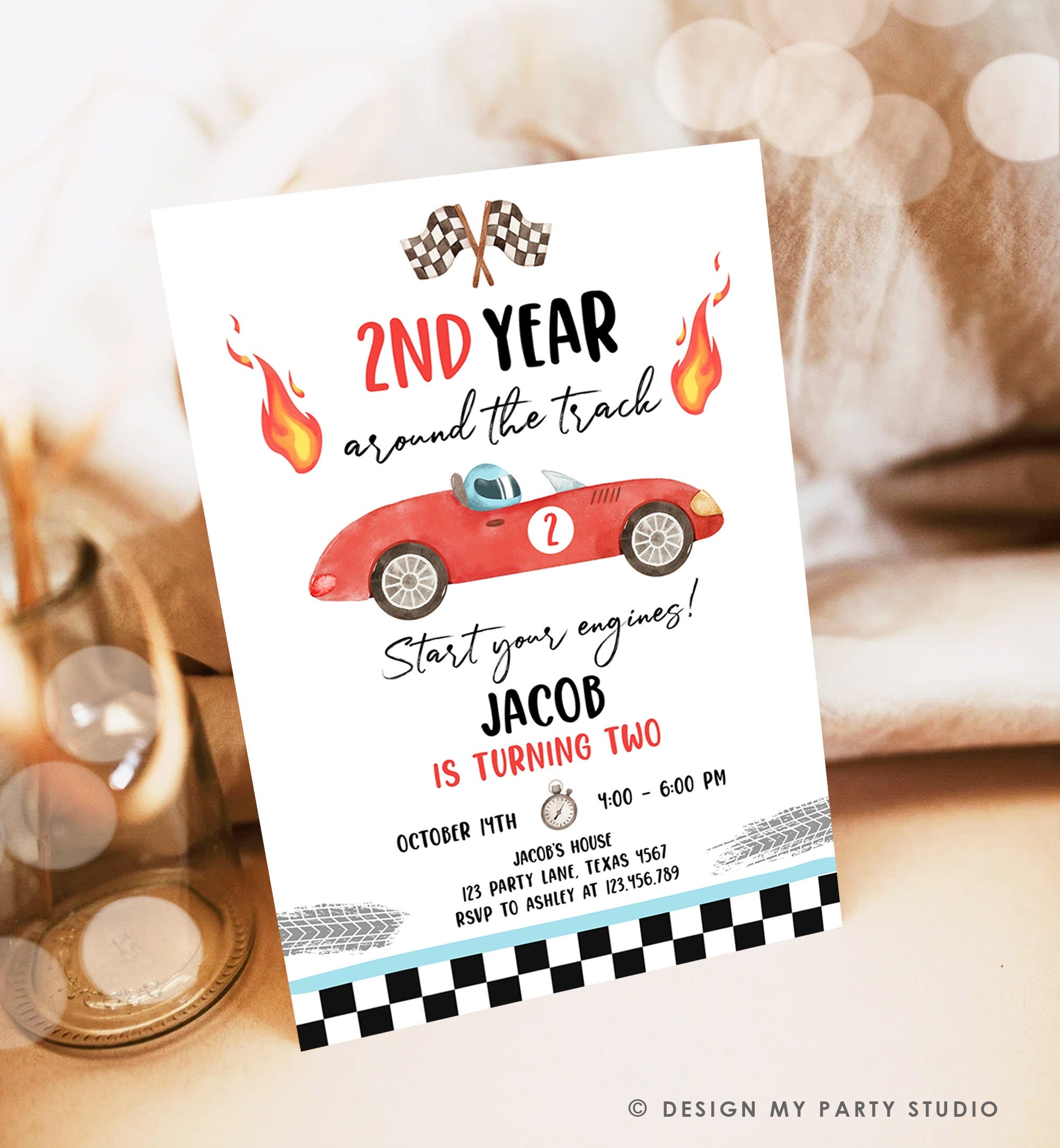 Editable 2nd Year Around the Track Birthday Invitation Boy Red Two Fast Party Race Car Second Birthday Racing Corjl Template Printable 0424