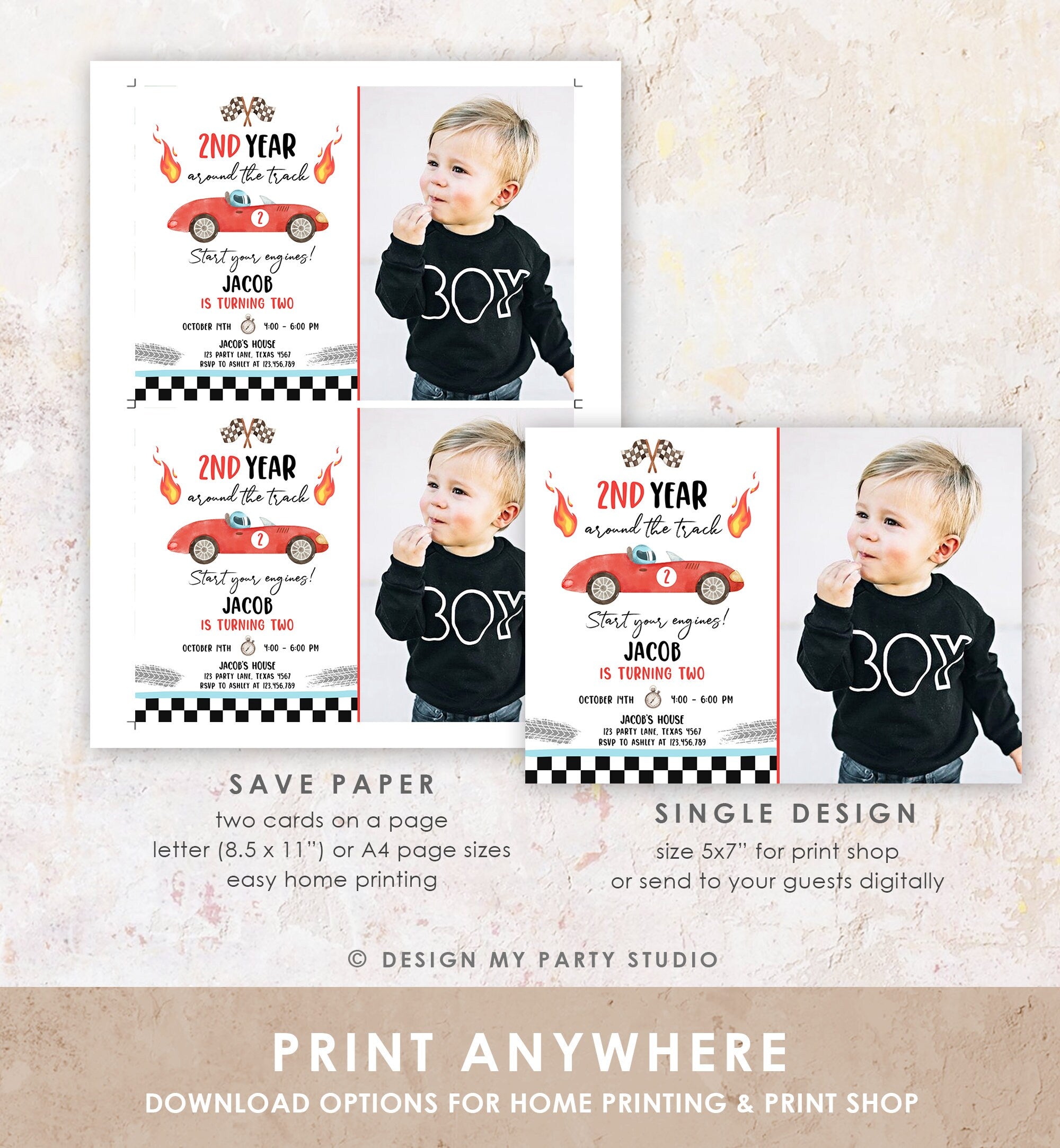 Editable Race Car Birthday Invitation Boy Red Two Fast Party 2nd Year Around the Track Second Birthday Racing Evite Template Printable 0424