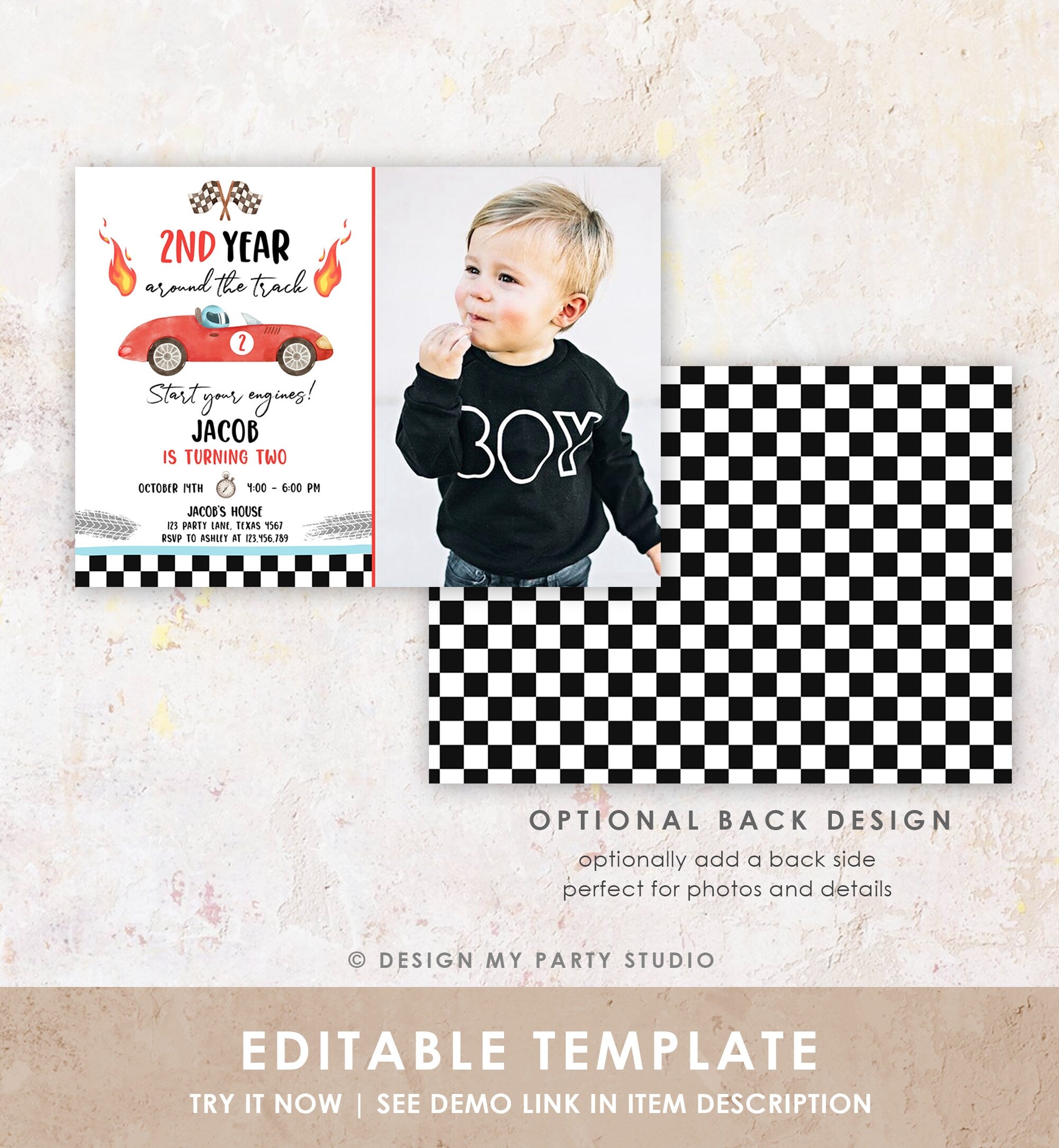 Editable Race Car Birthday Invitation Boy Red Two Fast Party 2nd Year Around the Track Second Birthday Racing Evite Template Printable 0424