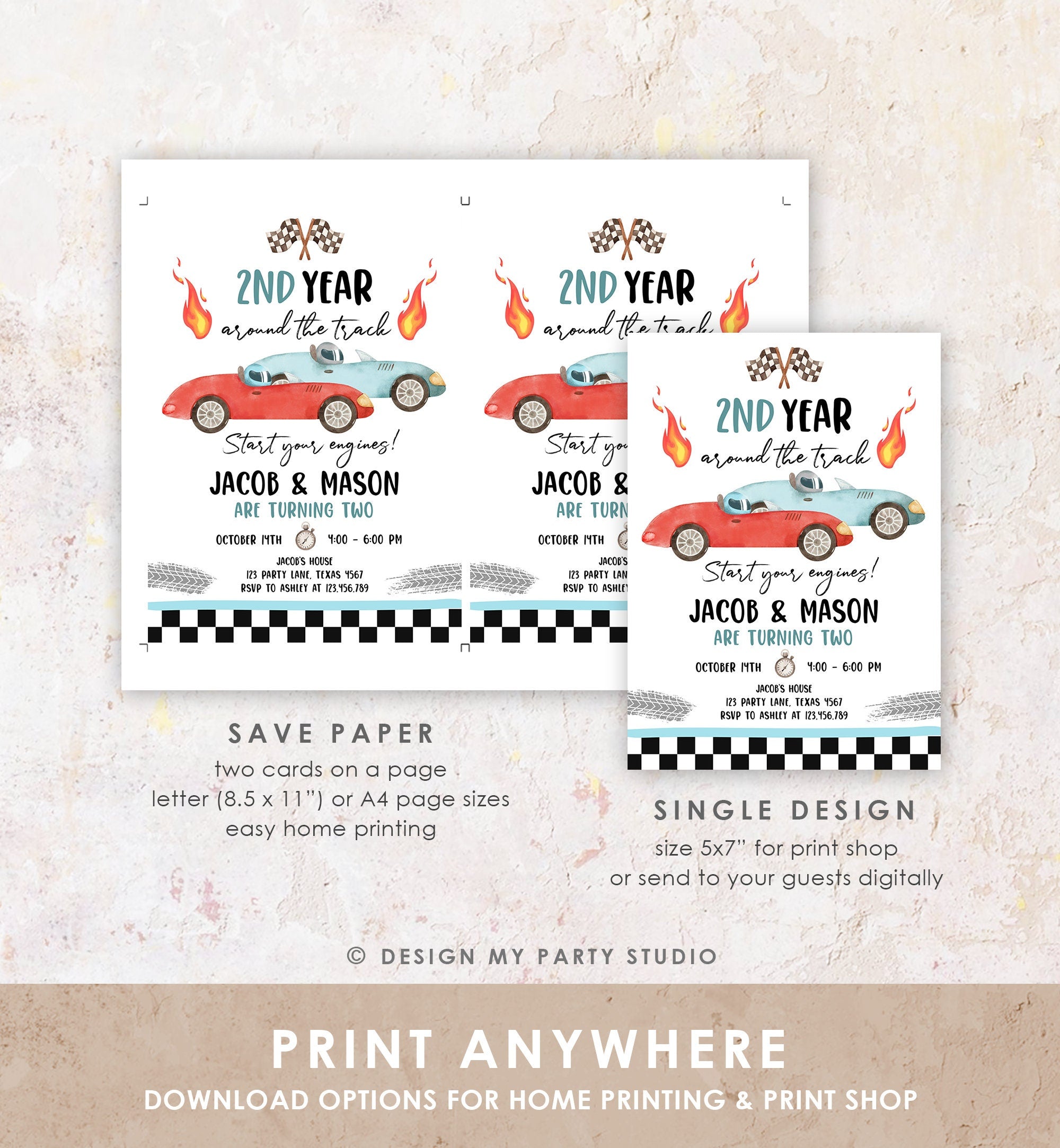 Editable 2nd Year Around the Track Birthday Invitation Blue Two Fast Twin Boys Race Car Second Birthday Racing Corjl Template Printable 0424