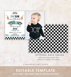 Editable 2nd Year Around the Track Birthday Invitation Boy Green Blue Two Fast Race Car Second Birthday Racing Corjl Template Printable 0424