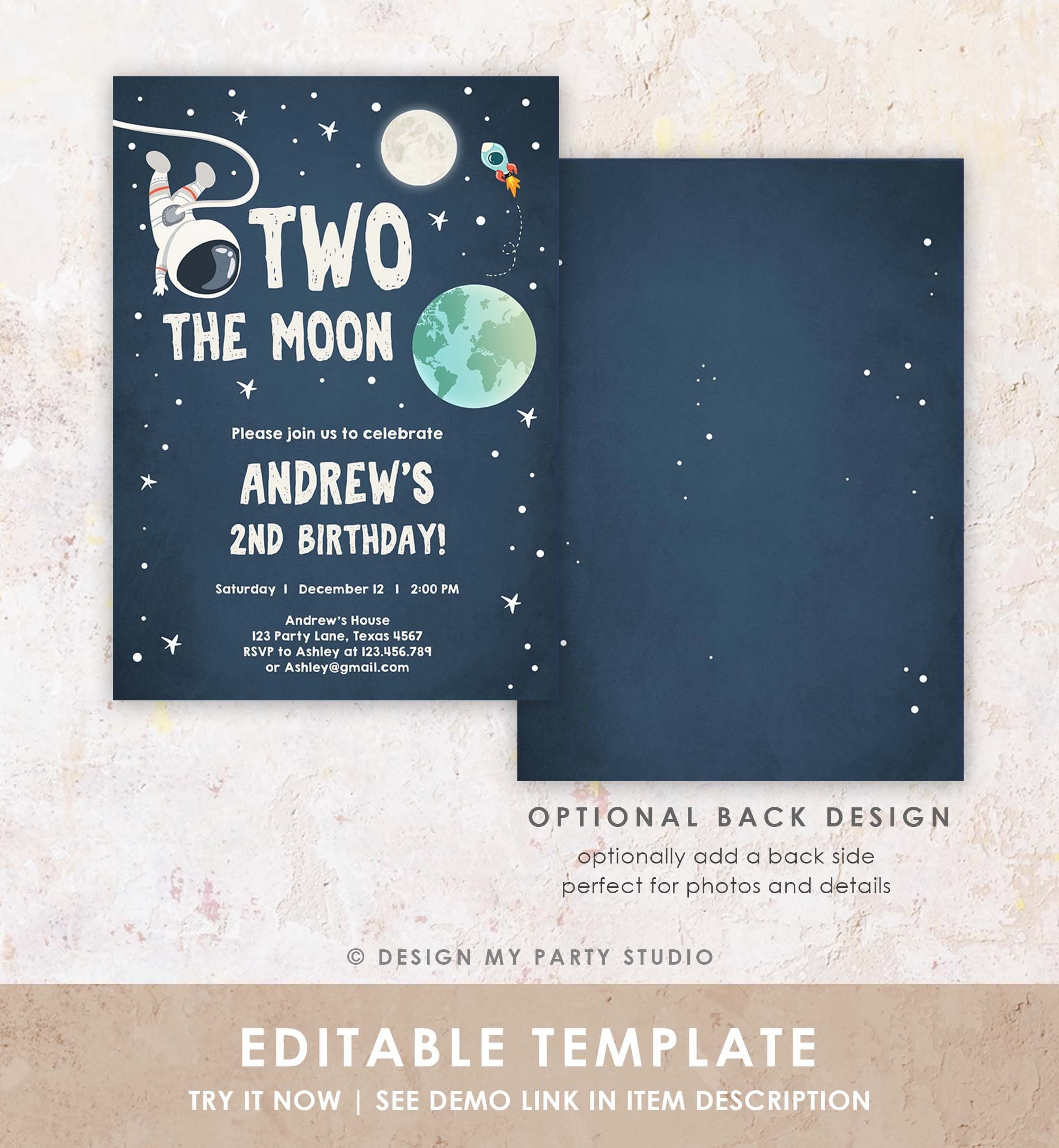 Editable Two the Moon Birthday Invitation Space Astronaut Boy Galaxy 2nd Second Birthday Digital Download Corjl Template Printable 0046