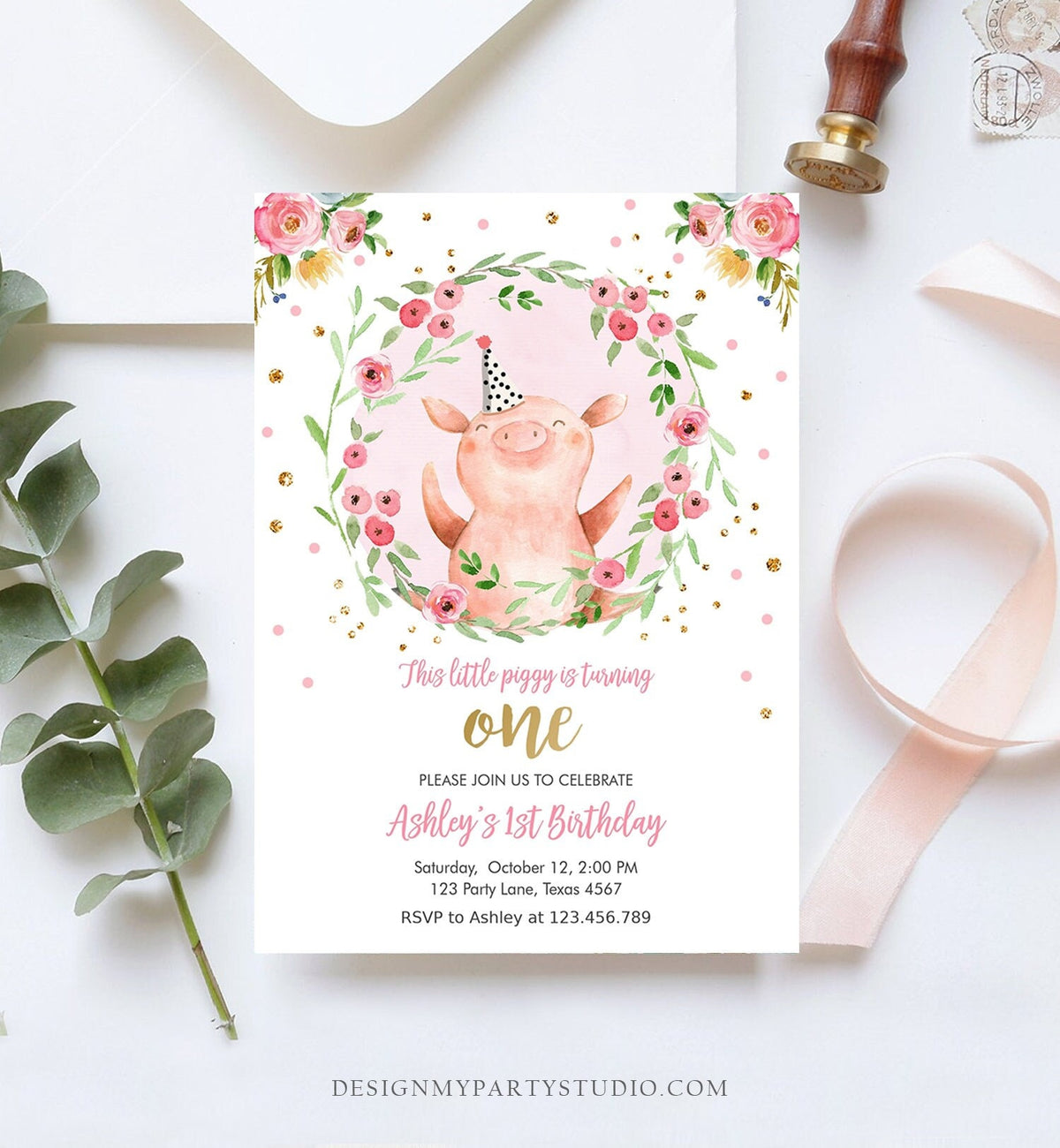 Editable Pig Birthday Invitation Girl Farm Animals Pink Floral Barnyard Party Download Printable Invitation Template Corjl Digital 0188