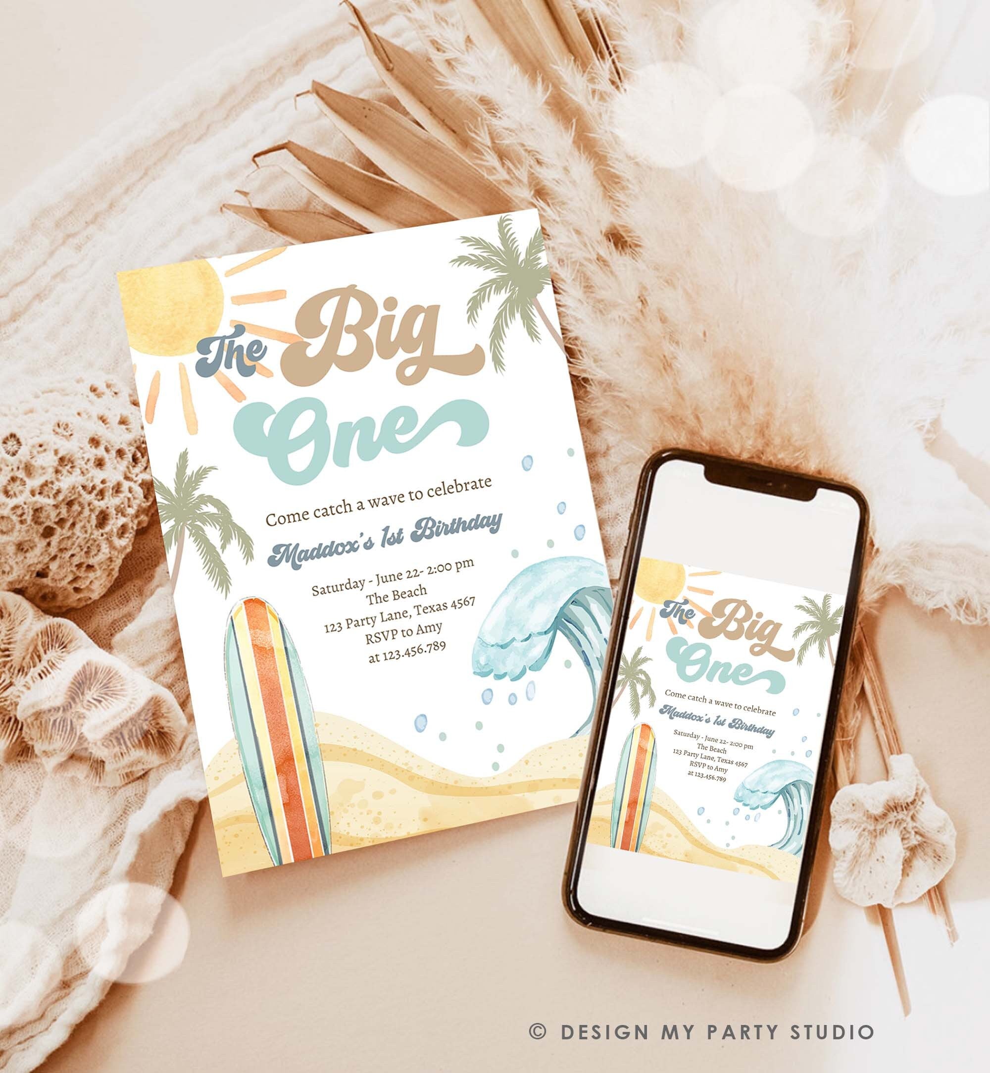 Editable The Big One Surf 1st Birthday Invitation Retro Surfboard Beach Party Wave Surfer Boho Invite Download Template Corjl Digital 0433