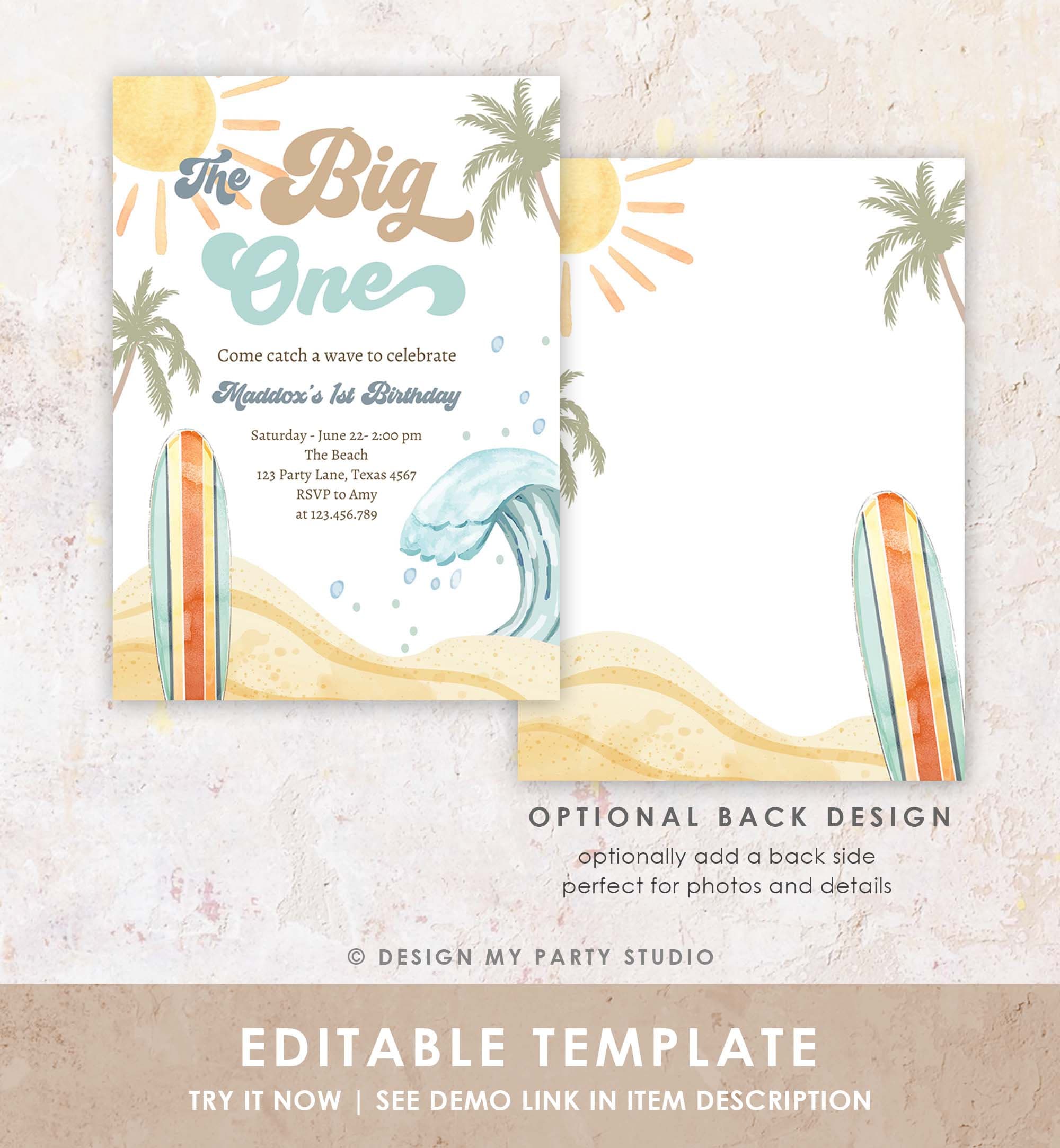 Editable The Big One Surf 1st Birthday Invitation Retro Surfboard Beach Party Wave Surfer Boho Invite Download Template Corjl Digital 0433